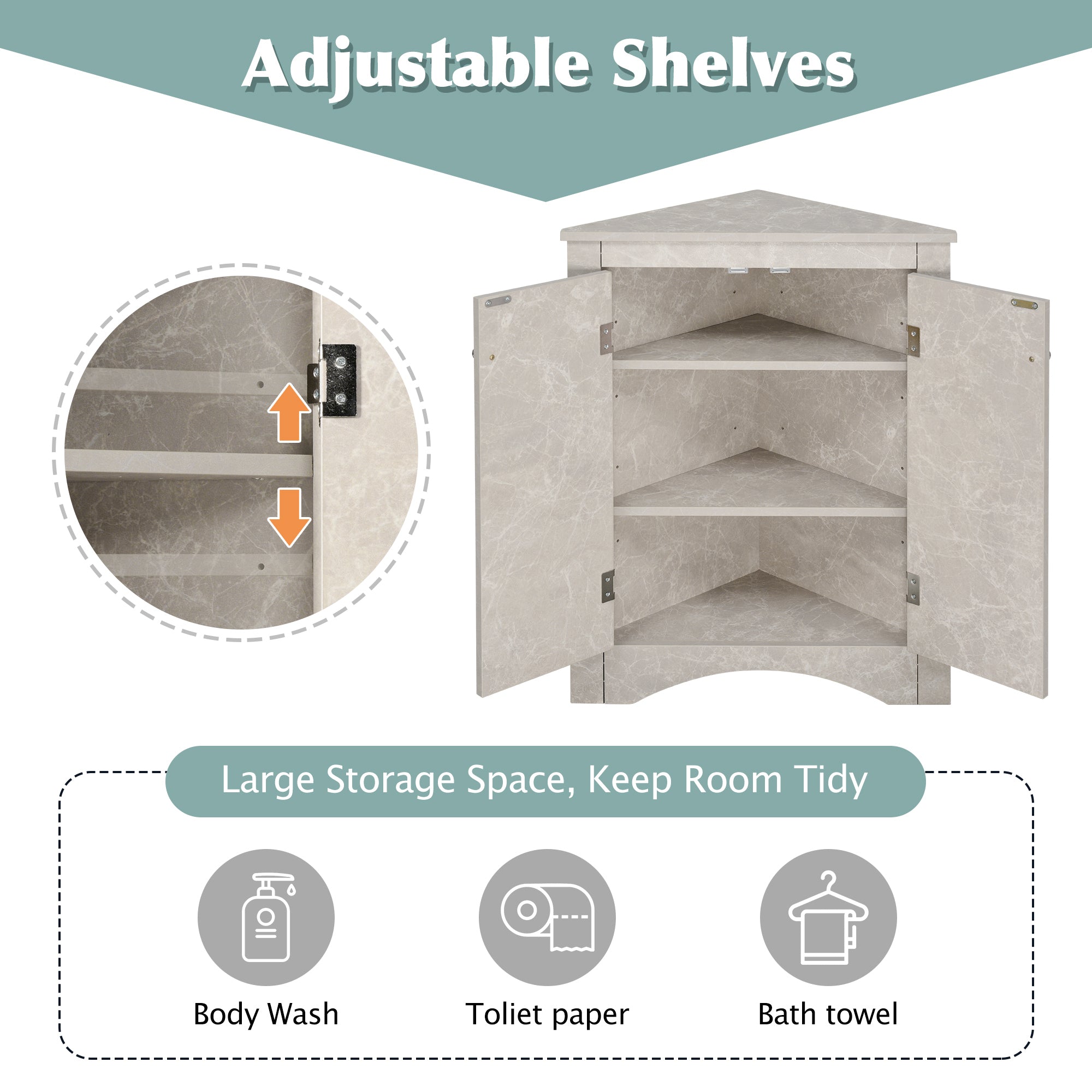 White Marble Triangle Bathroom Storage Cabinet with Adjustable Shelves