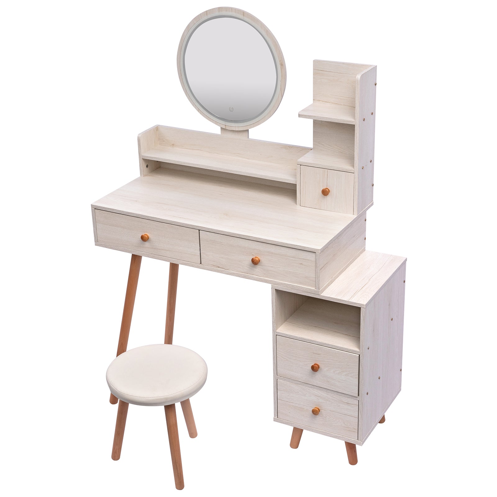 Stylish Vanity Table + Cushioned Stool, Touch Control LED Mirror, Large Capacity Storage Cabinet, 5 Drawers, Fashionable Makeup Furniture, Length Adjustable(L31.5"-43.2"x W15.8" x H48.1")