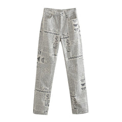 Vintage Newspaper Print Straight Leg Pants, High Waist, Gray and White