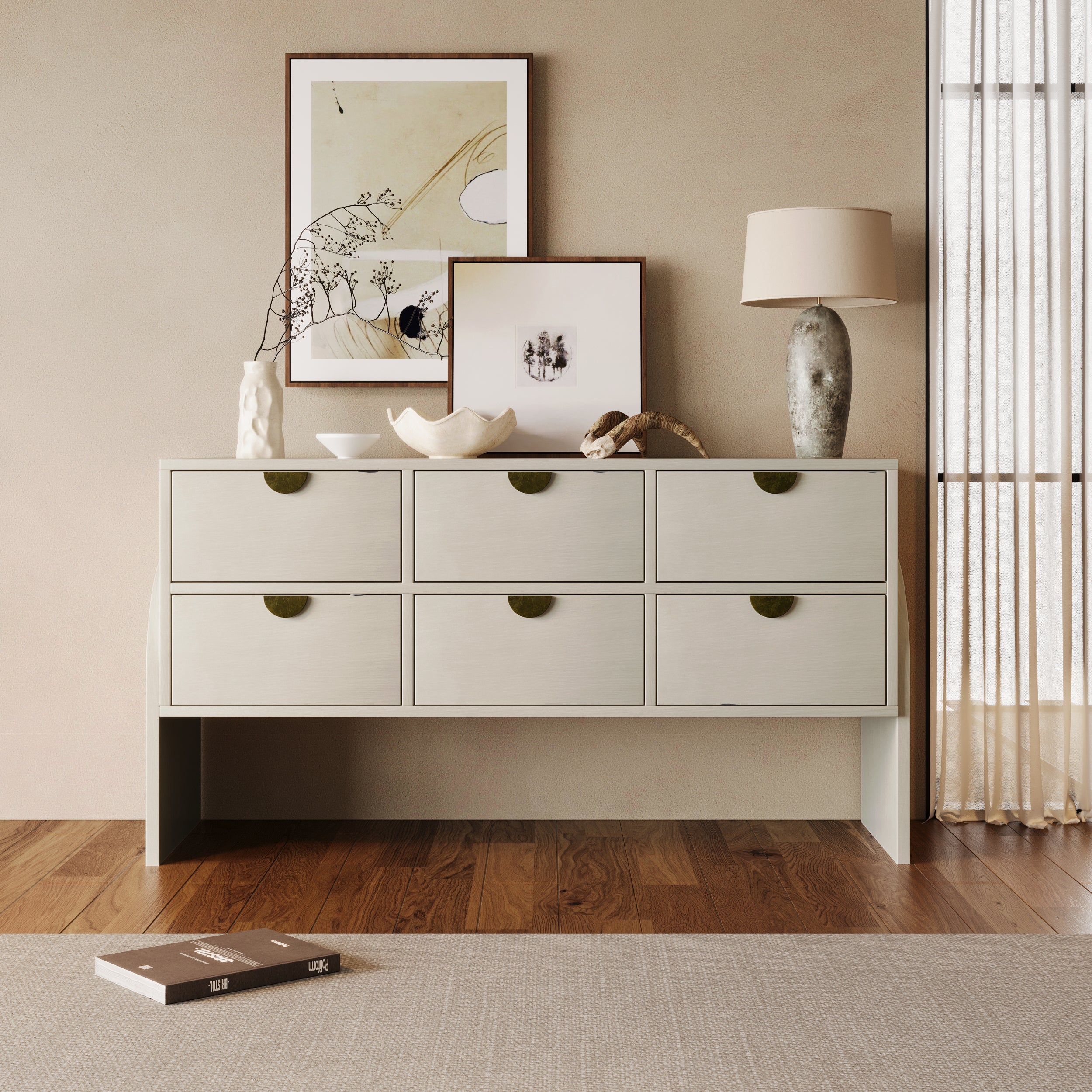 Retro Style Rubber Wood Venner Three-Drawer Dresser Sideboard Cabinet Console Table Sofa Table Ample Storage Spaces - Antique White