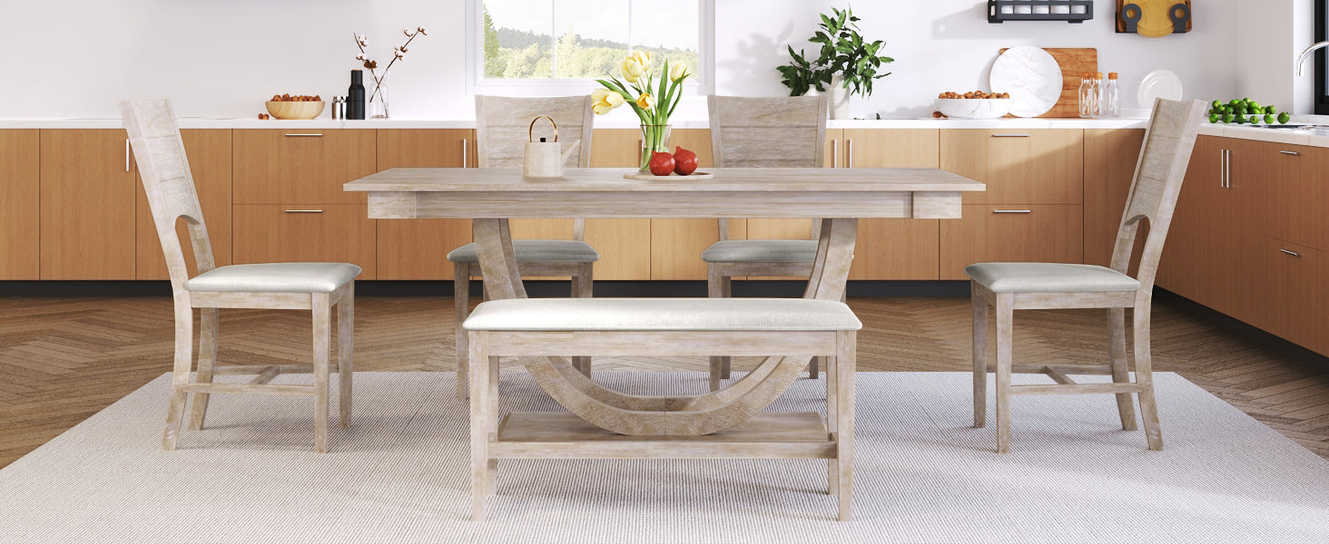 Modern Style 6-Piece Wood Half Round Dining Table Set with Long Bench and 4 Dining Chairs - Natural
