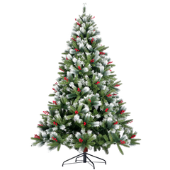 Artificial Christmas Tree Flocked Pine Needle Tree with Cones Red Berries 7.5 ft Foldable Stand
