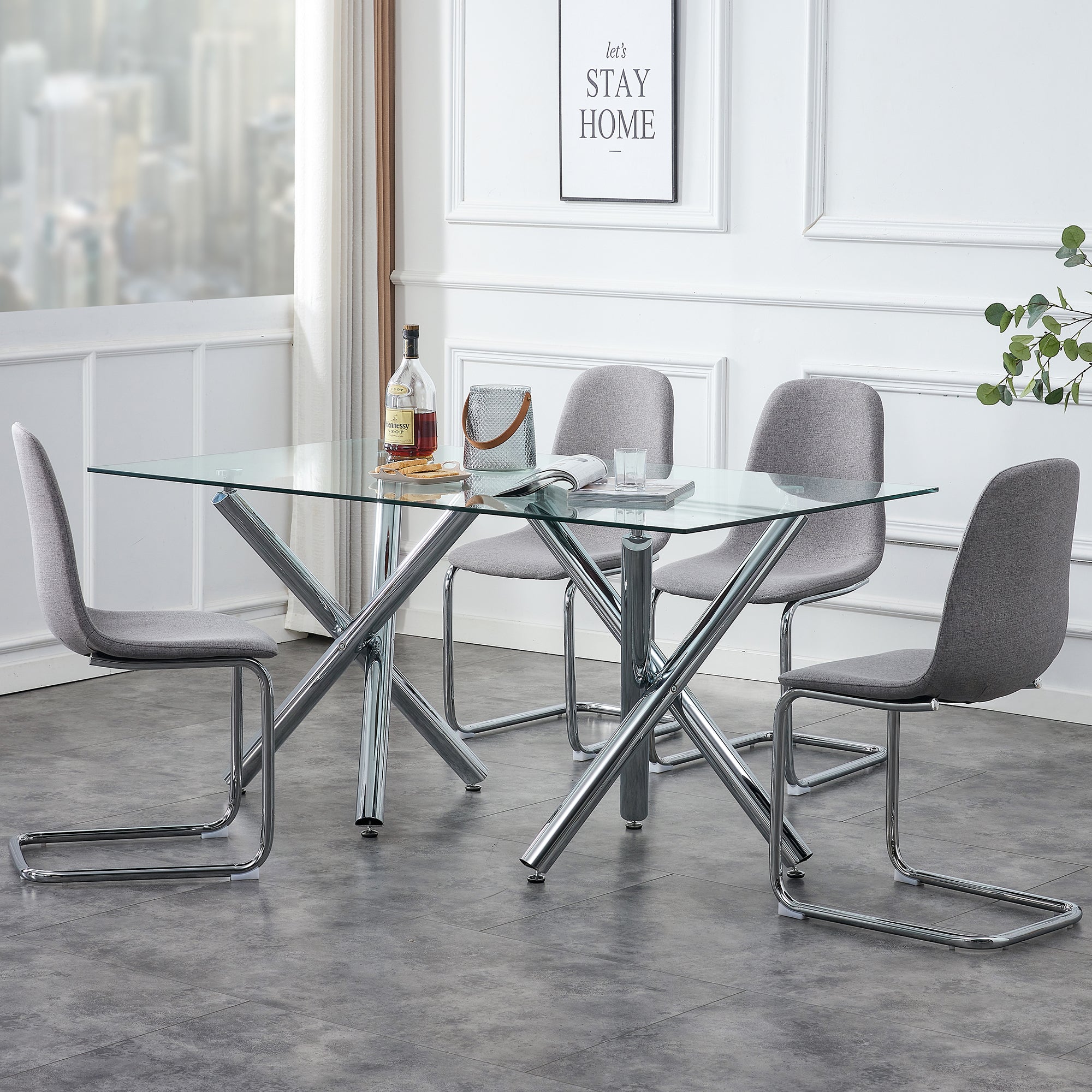 Modern Minimalist Rectangular Glass Dining Table for 6-8 with 0.39" Tempered Glass Tabletop and Silver Chrome Metal Legs