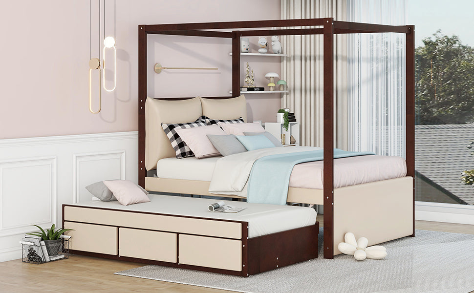 Full Size Upholstered  Canopy Bed with Trundle and 3 Drawers - Beige