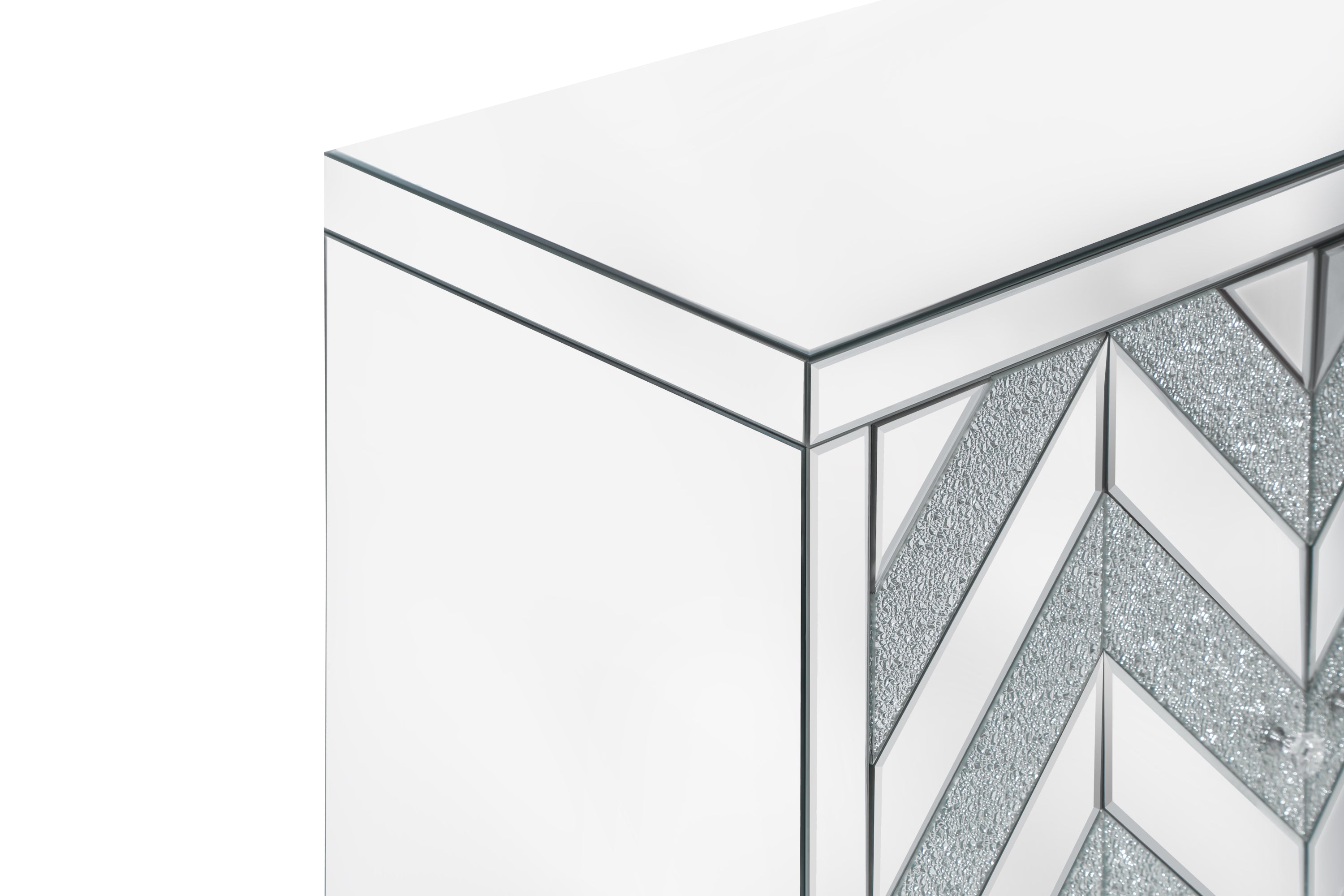 Cabinet with Mirror Trim and M Shape Design, Silver