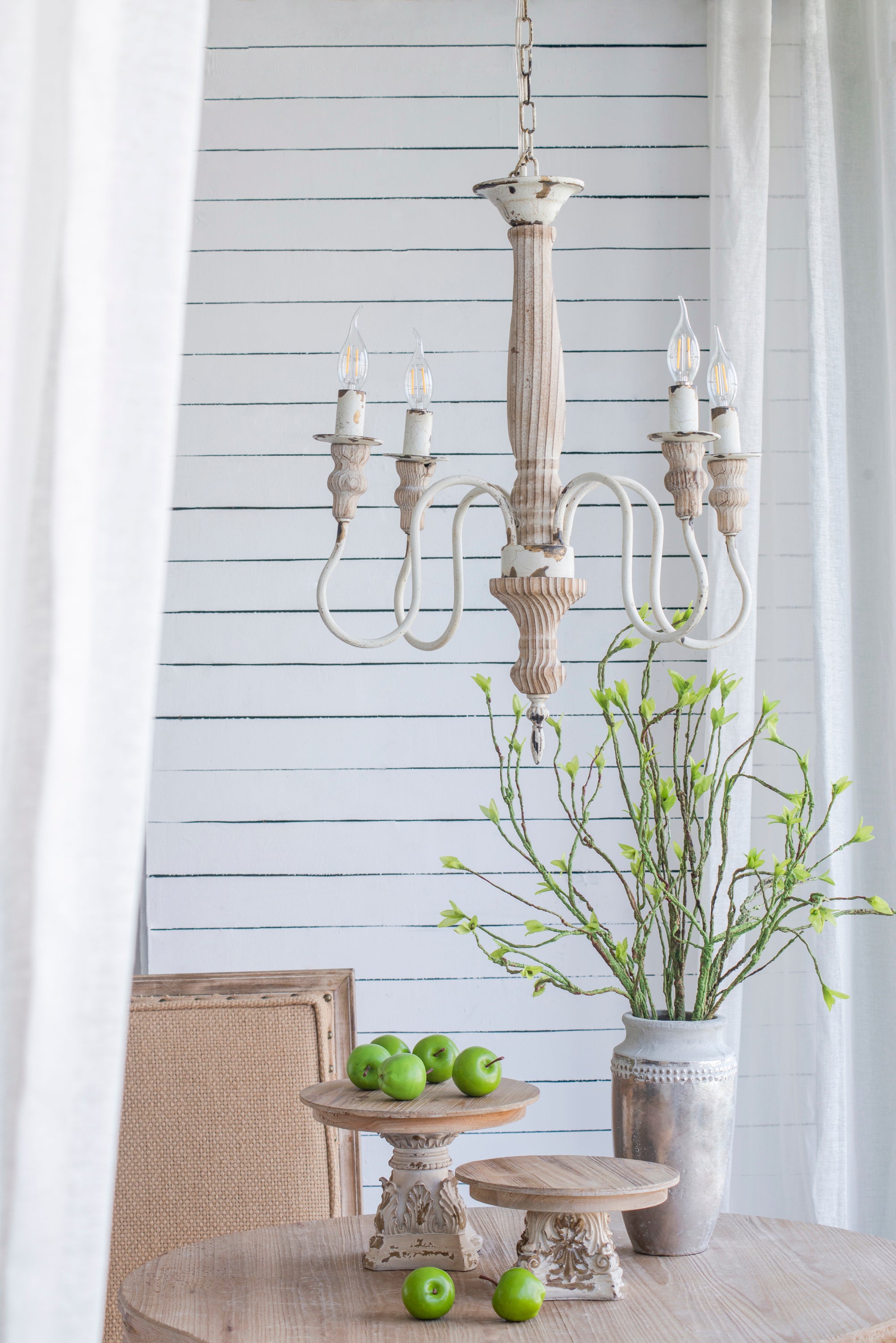 4-Light Rustic Style Chandelier, Hanging Light Fixture with Adjustable Chain - Cream White
