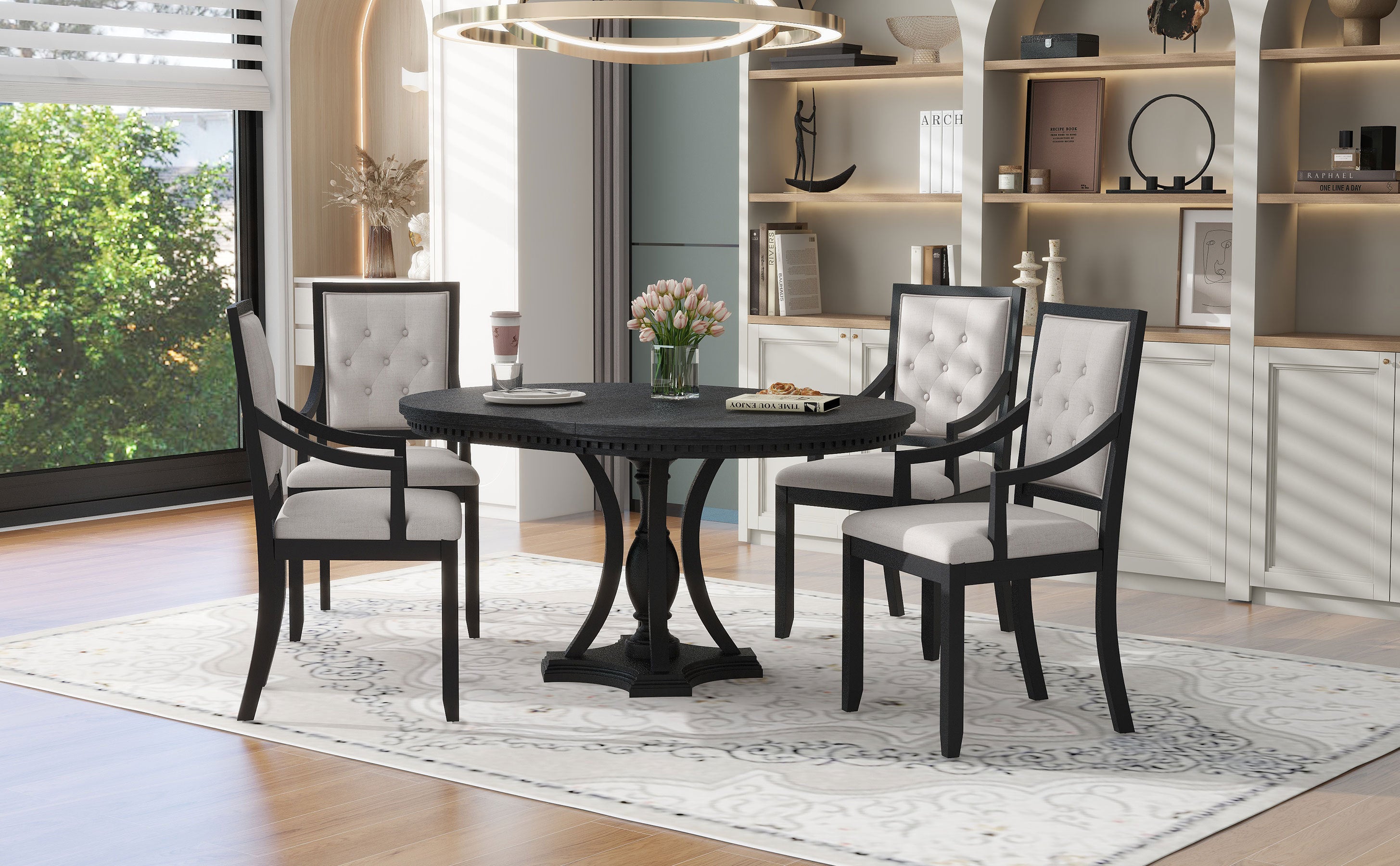 5-piece Dining Set Extendable Round Table and 4 Chairs for Kitchen Dining Room - Black Oak