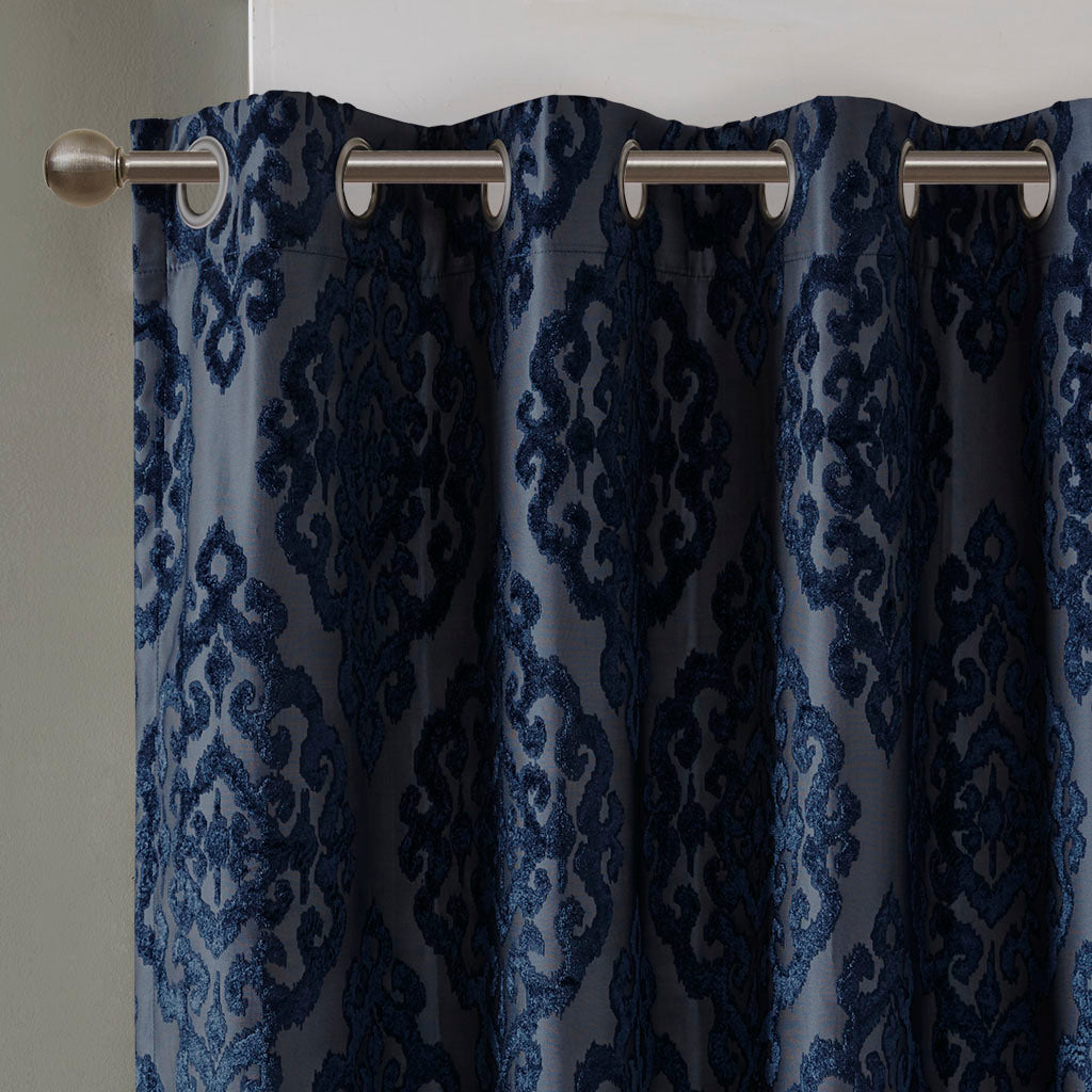 Knitted Jacquard Damask Total Blackout Grommet Top Curtain Panel - Navy