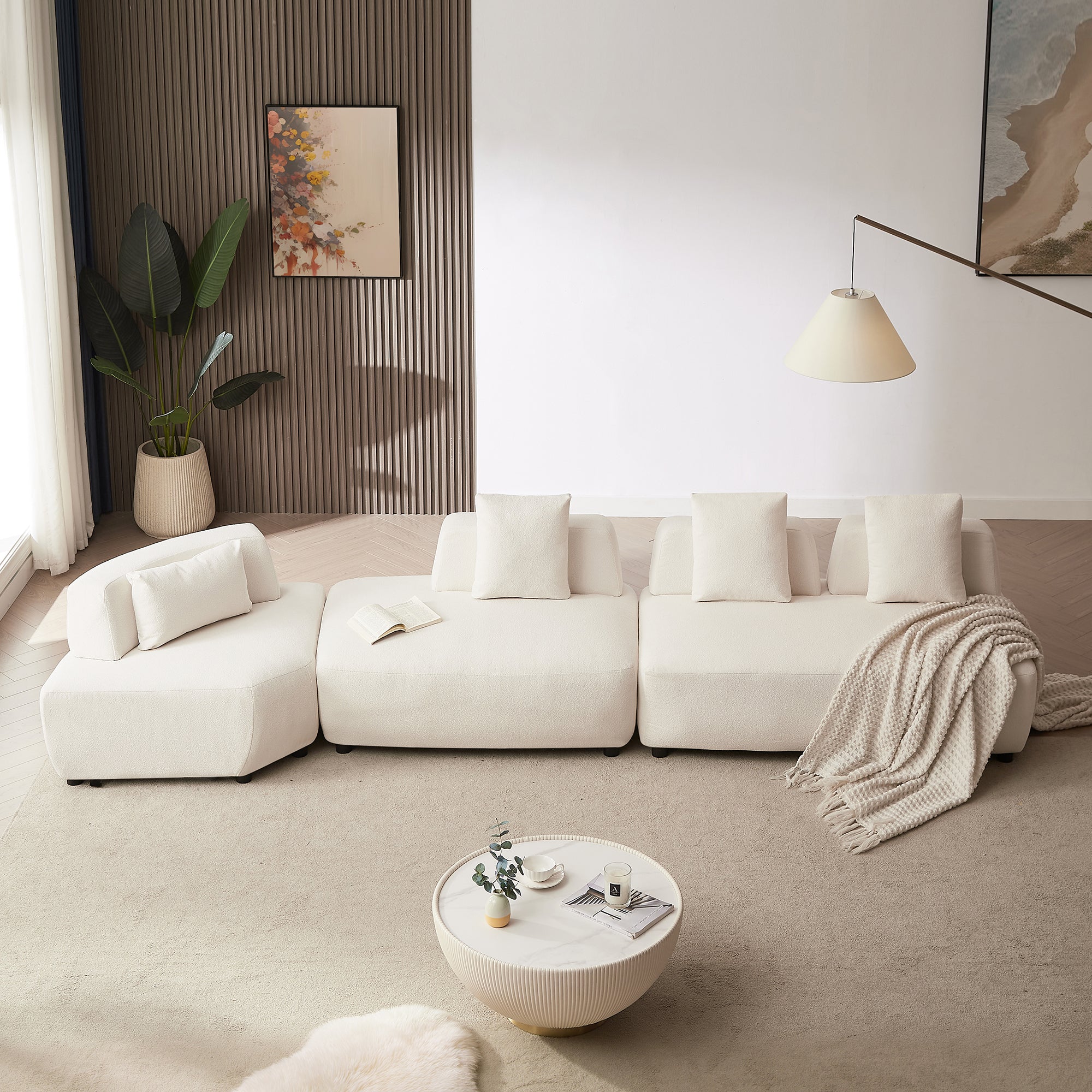 Contemporary 3-piece Sectional Sofa Free Convertible sofa with Four Removable Pillows - Beige
