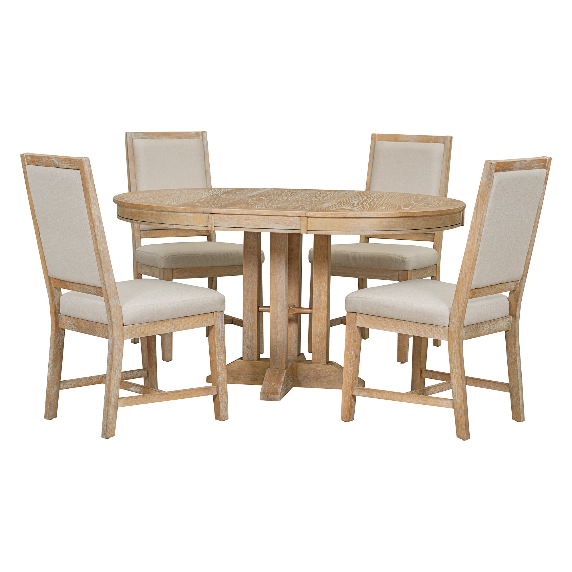 5-Piece Dining Set Extendable Round Table and 4 Chairs Farmhouse Dining Set - Natural Wood Wash