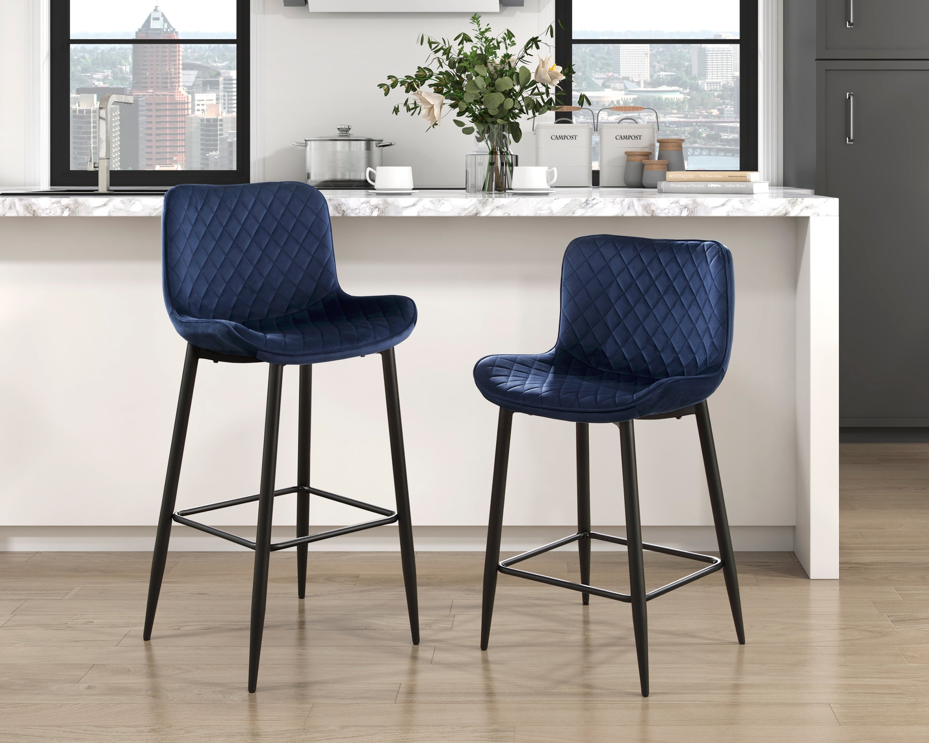 Set of 2 Pub Height Chairs Dark Blue Velvet Upholstery Modern 29-inch Seat Height Bar Stools