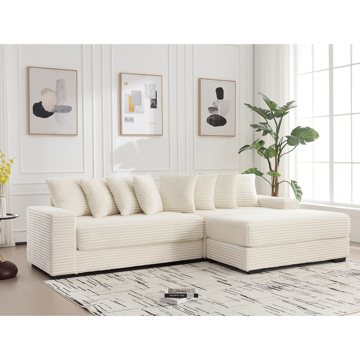 Oversized Two-Piece Couches,  L Shaped Sofa, Corduroy, Right Chaise Daybed,with Armrests,Eight Throw Pillows,Corner Sofa,Easy To Assemble, Beige