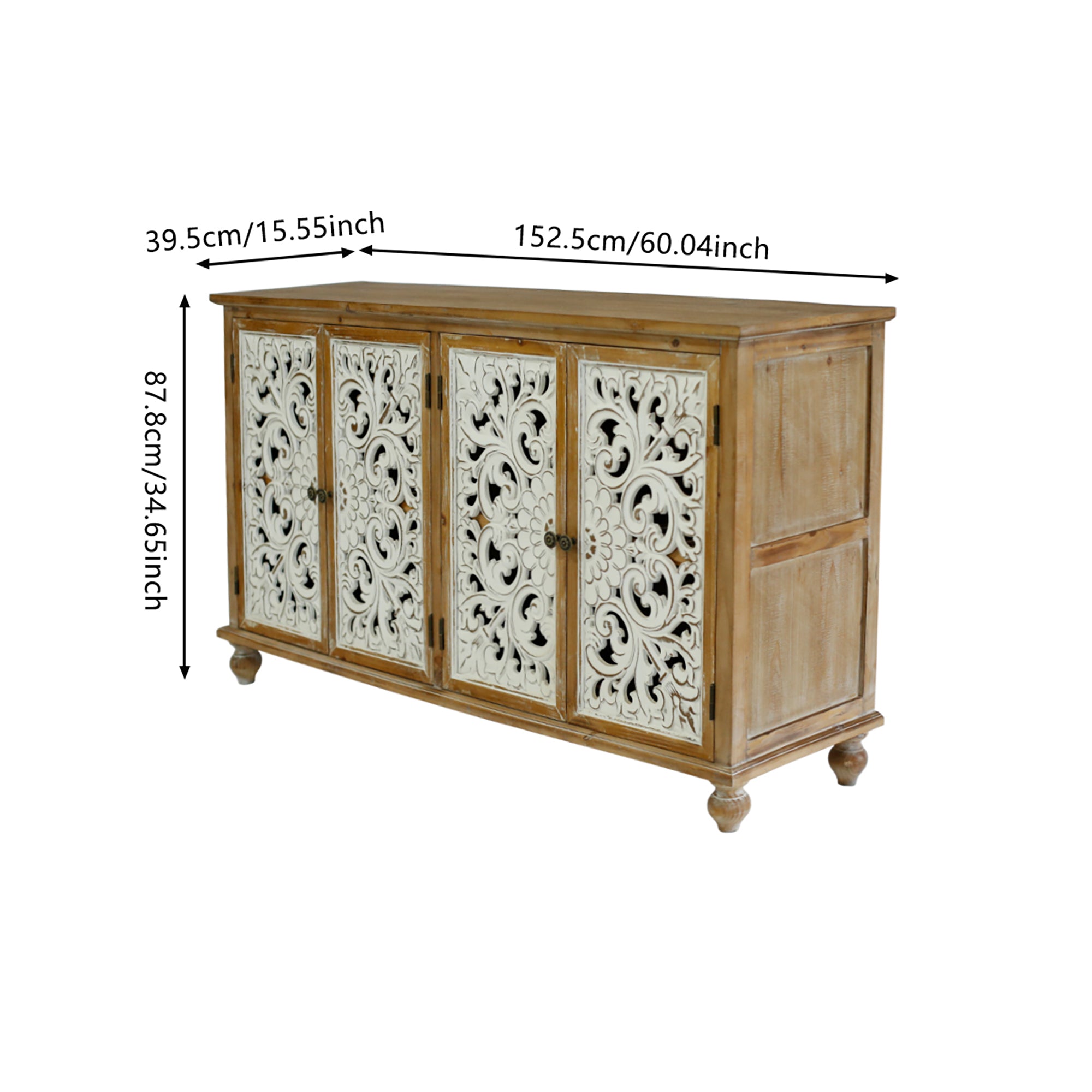 Farmhouse Sideboard Buffet with Storage, Accent Cabinet with 4 Doors, Wood Carved Floral Doors - Natural