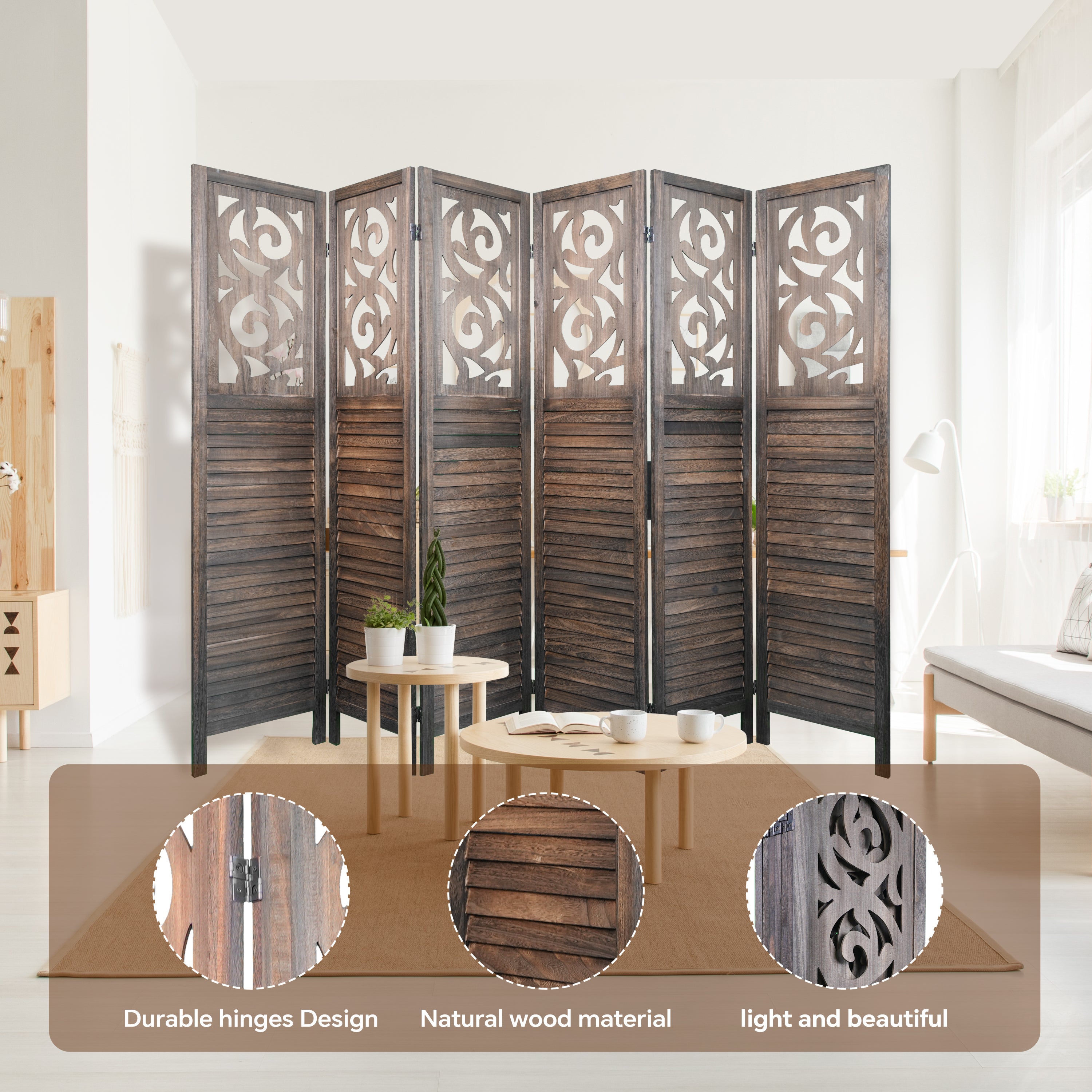 6 Panel Room Dividers, 6FT Carved Wood Room Divider Partition Room Dividers Wall Wooden Carved Folding Privacy Screens Foldable Panel Wall Divider for Office Restaurant, Rustic Brown