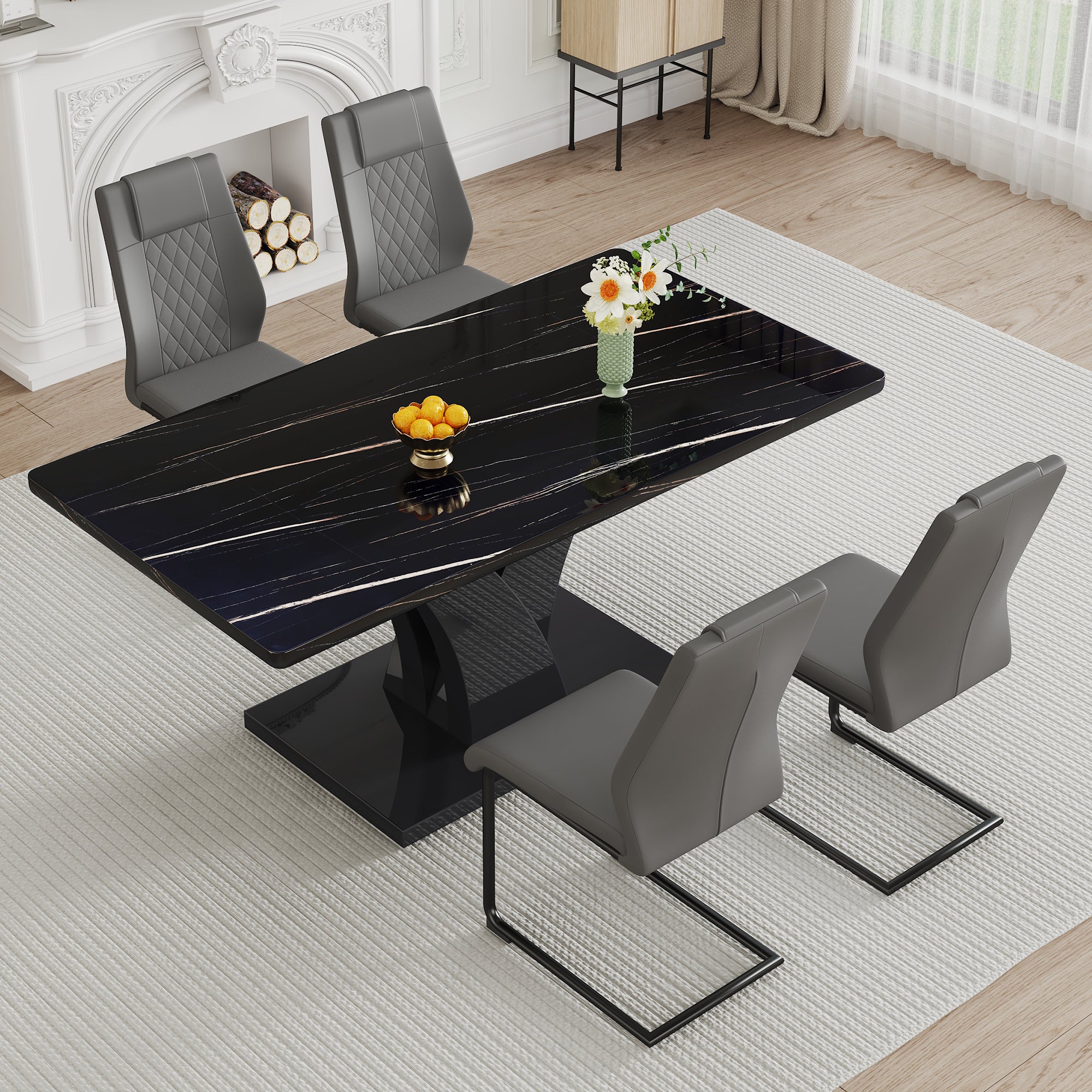 Modern Dining Table, Black Desktop and Black MDF Leg