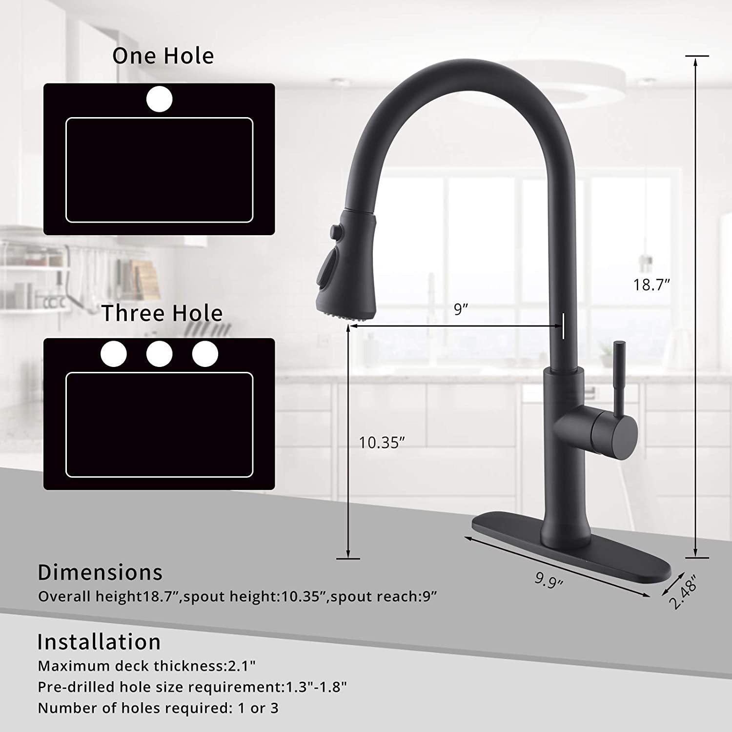 FLG Touch-On Kitchen Faucet with Pull Down Sprayer Single Handle Brass Touch Activated Kitchen Sink Faucet with 2-Way Pull Out Sprayer - Matte Black