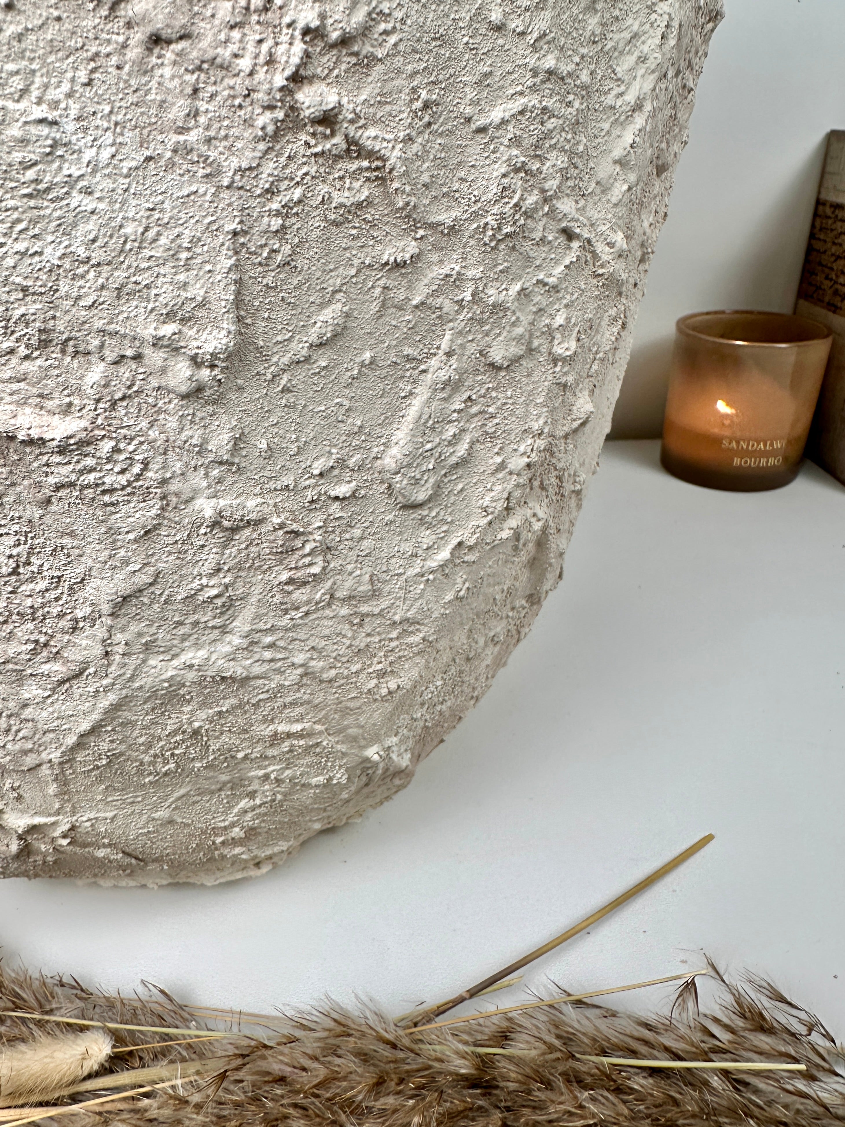 Minimalist Hand-Painted & Textured Planter Pot 14" tall with drainage hole one time creation - Cream