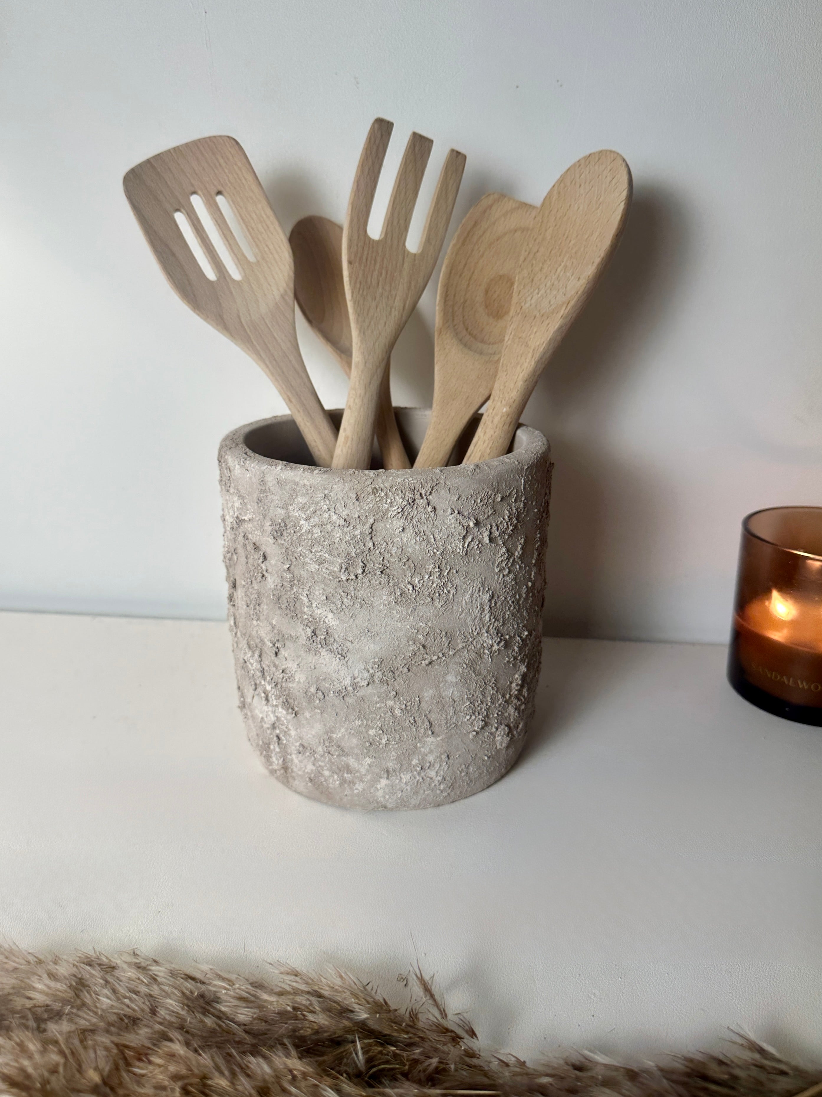 Utensil Spoon Kitchen Decor Pot Hand-Painted Textured 7" tall - Beige Wash
