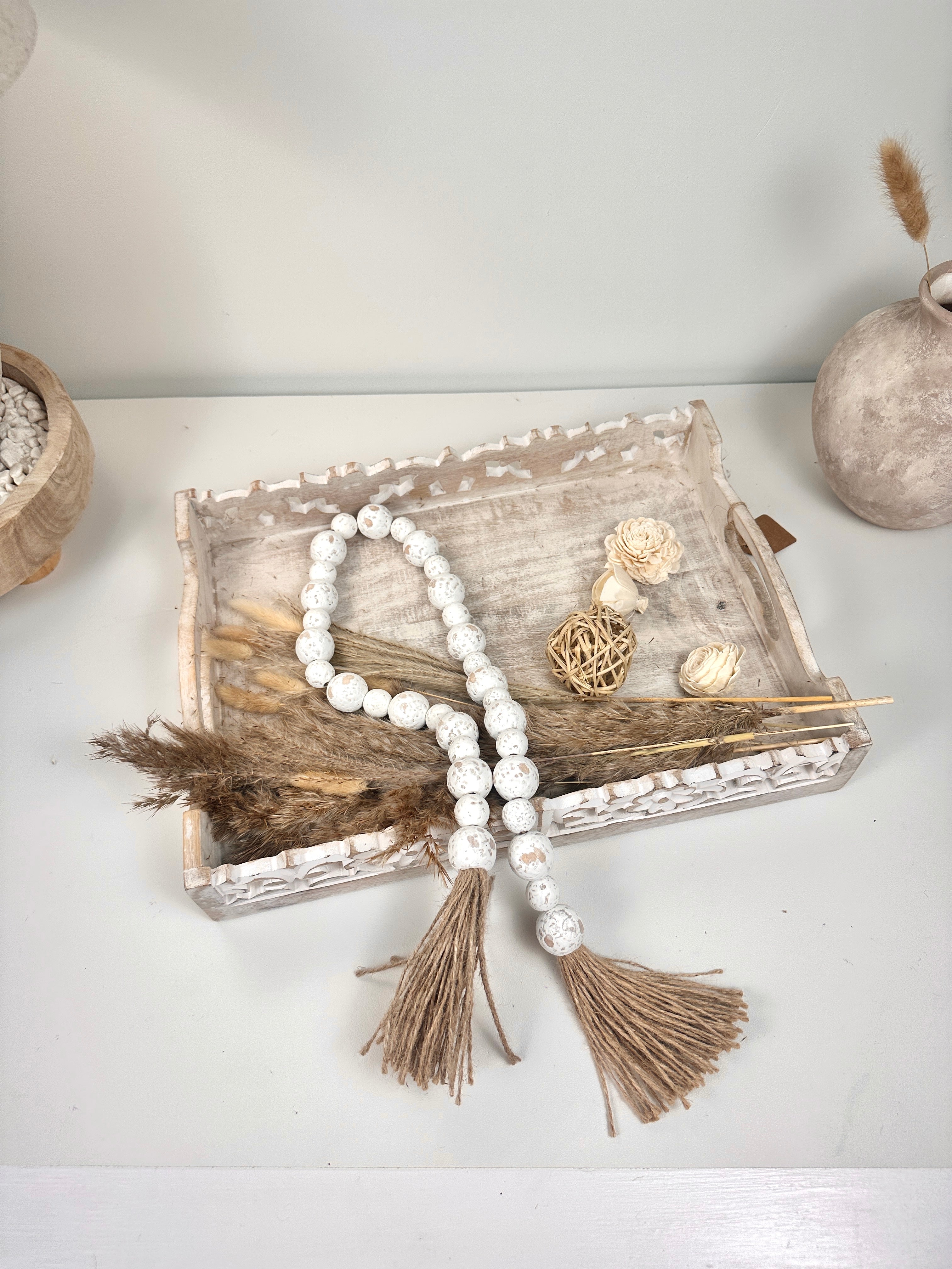 Set of 2 Boho Paulownia Bowl Tray 7"tall Ivory Sand + Wood Bead Garland