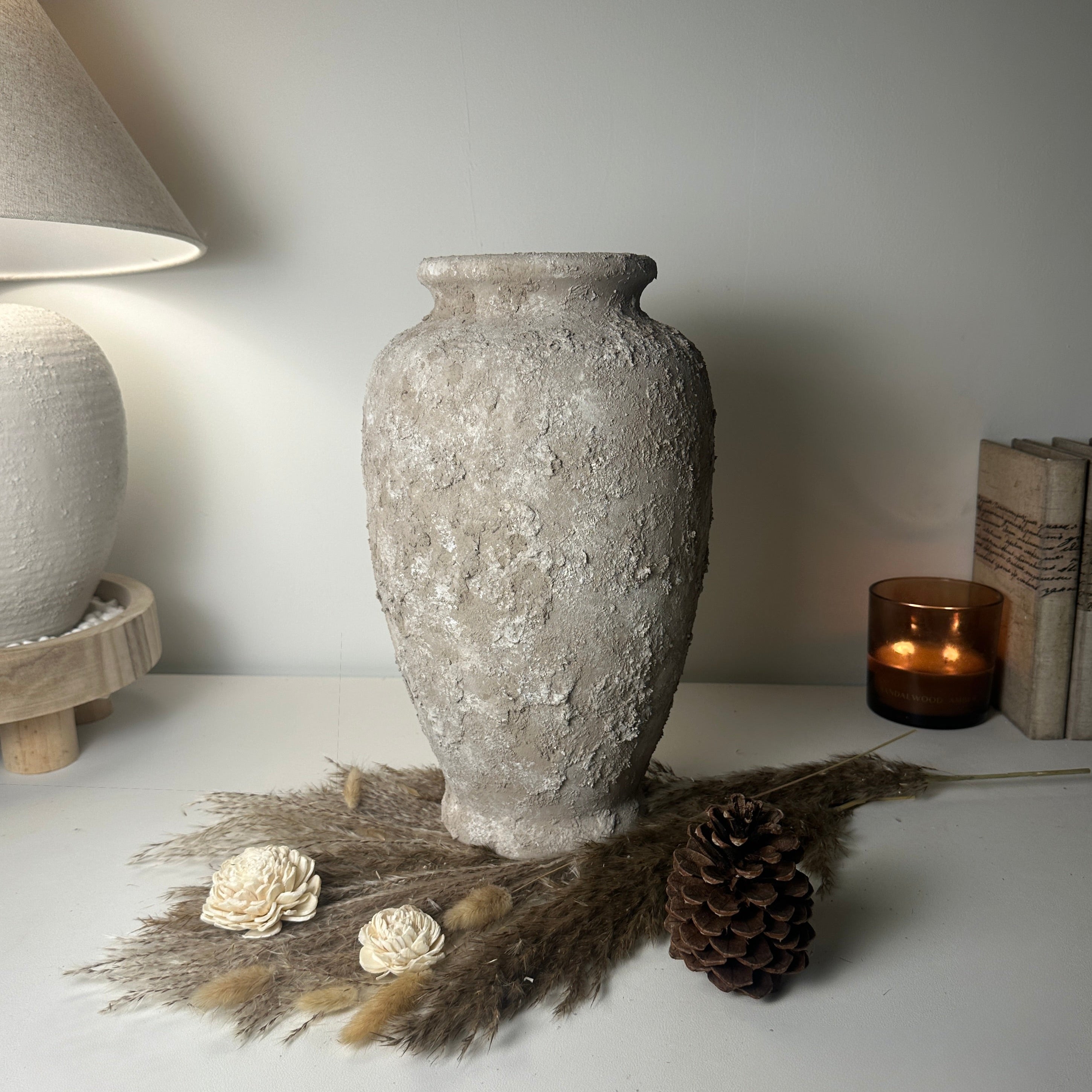 Rustic Hand-Painted Textured Ceramic Vase 14" tall - Beige Wash