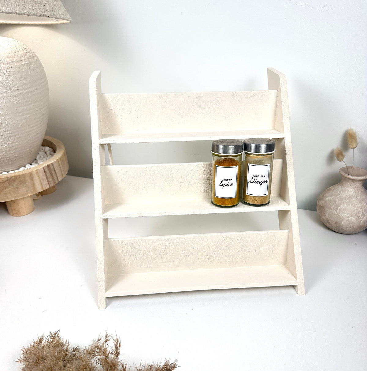 Minimalist Textured Kitchen Spice Wood Stand Rack (can fit 18 spice jars) - Cream