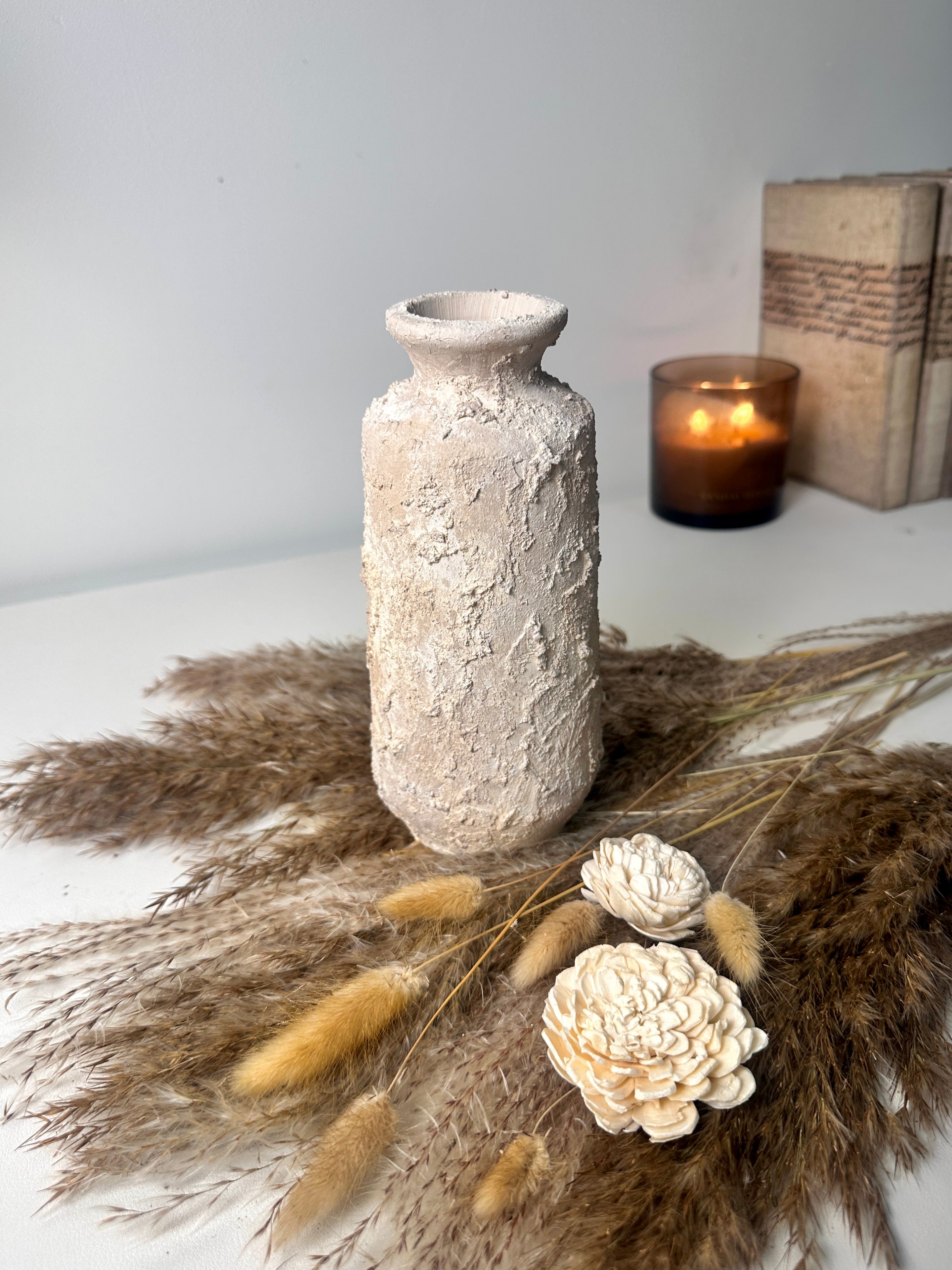 Minimalist rustic hand-painted textured small vase 8“ tall- Cream Sand wash