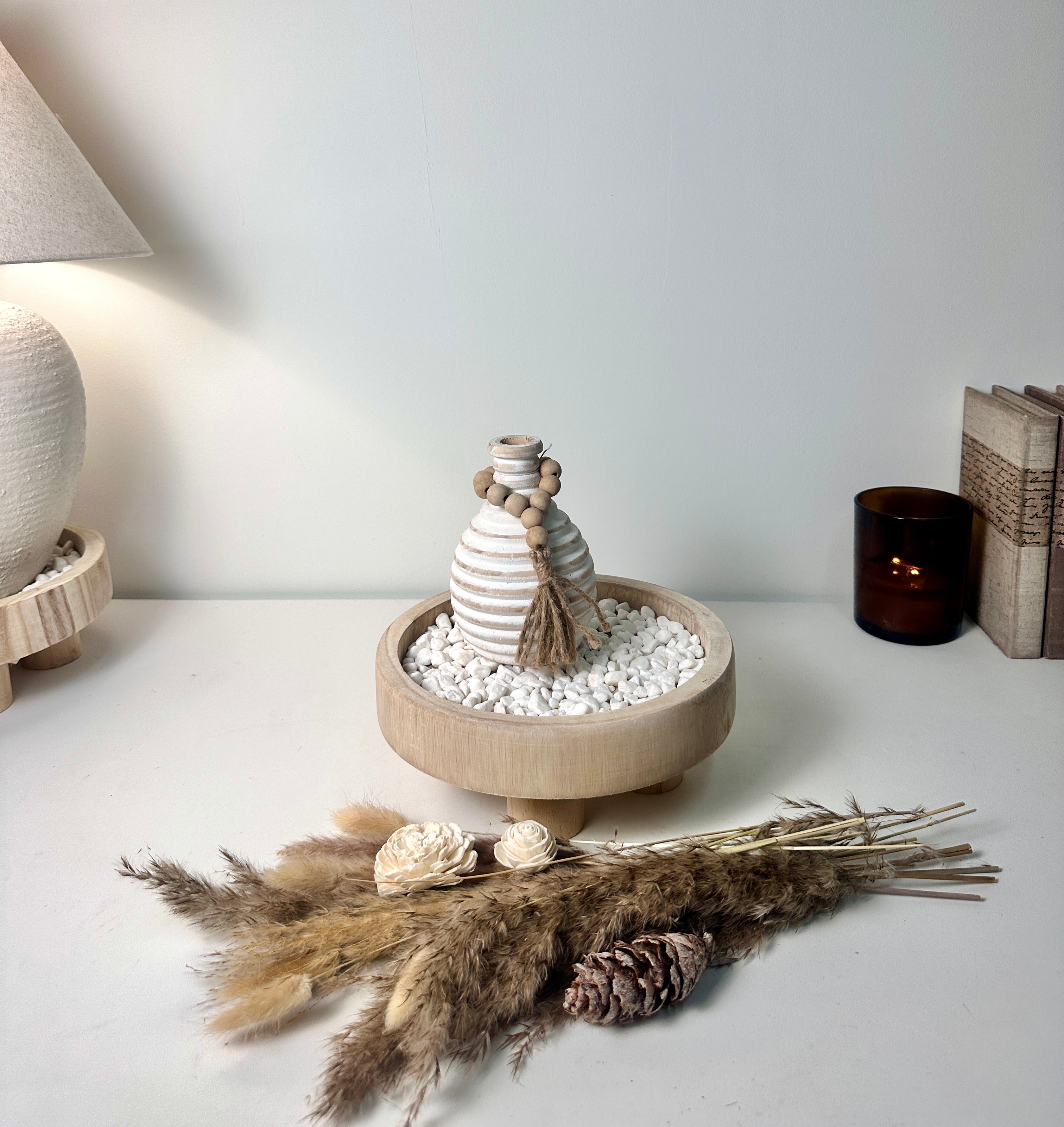 Set of 3 Home Decorative Round Wood Tray, Small Boho Style Vase, White Rocks