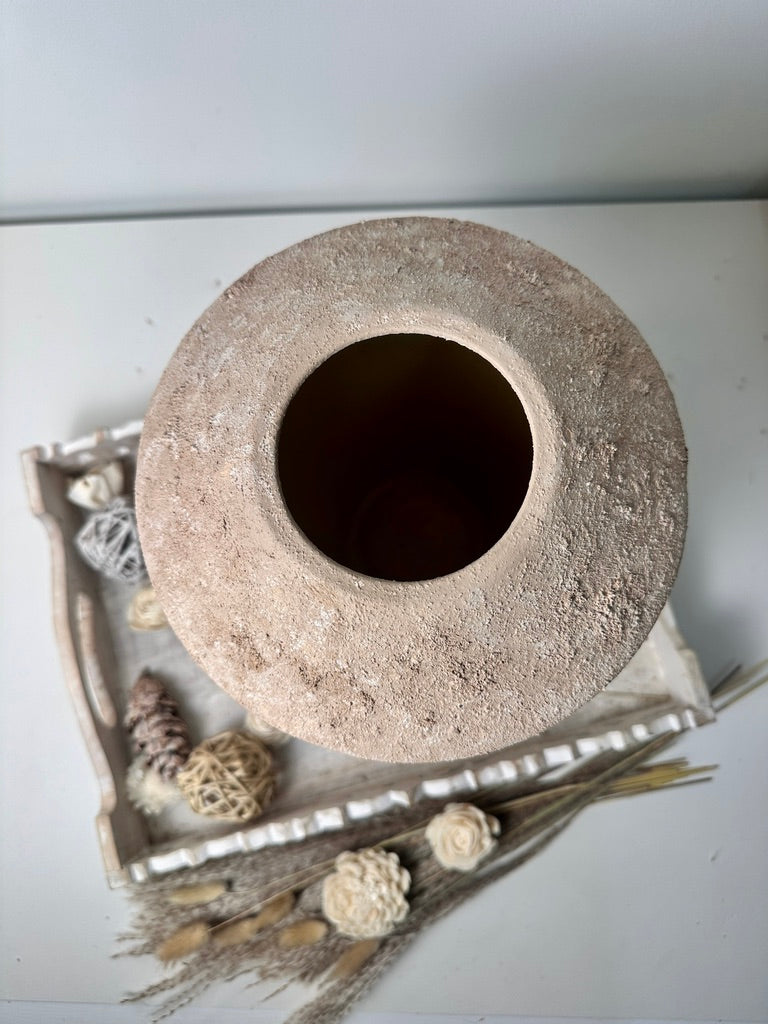 Rustic Minimalist Textured Hand-Painted Ceramic Vase 12" - Light Beige Wash
