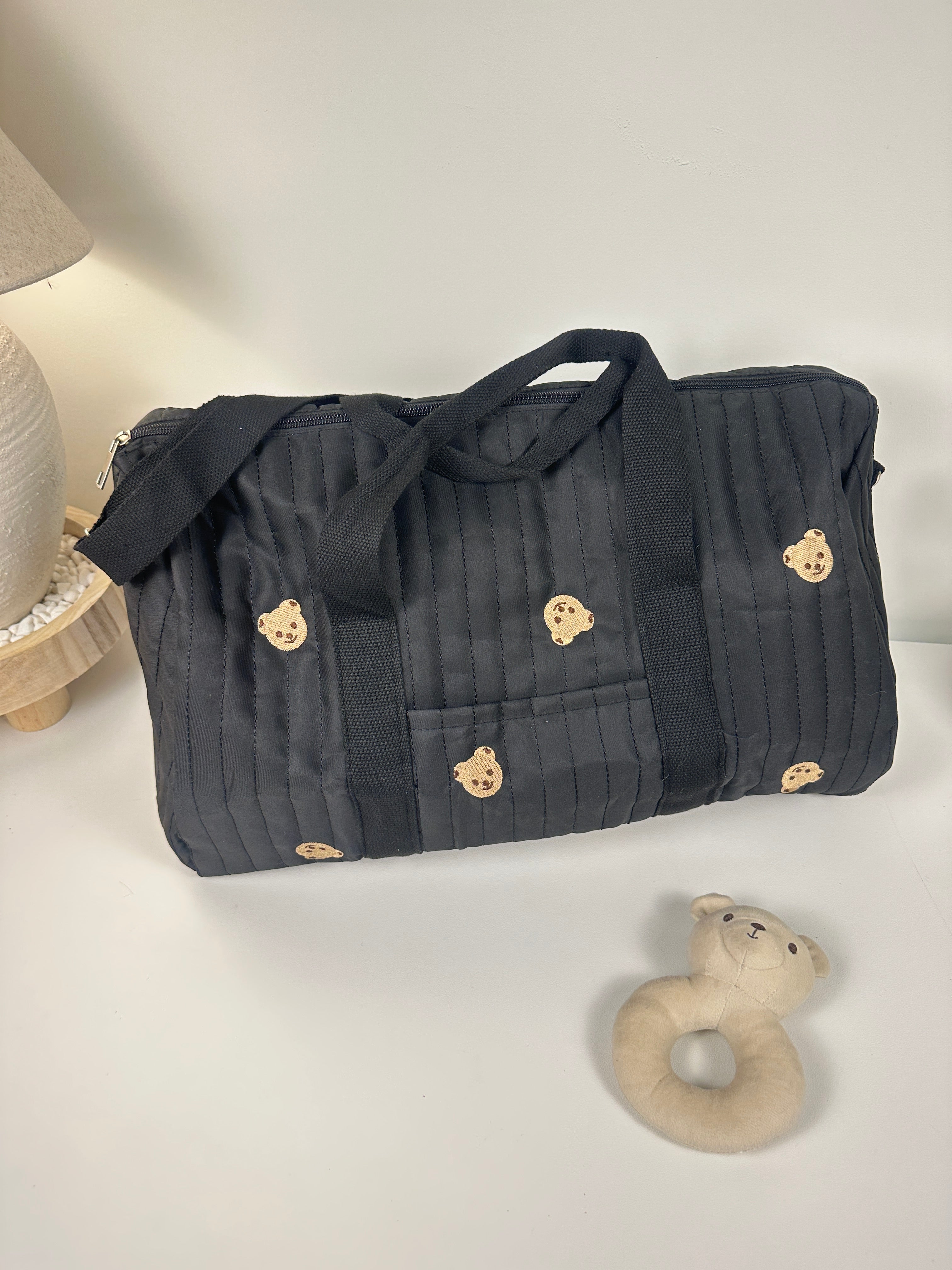 Cozy Quilted Baby Diaper Bag with Bear Pattern, Large Capacity Travel Tote 18“Lx6”Wx12“H