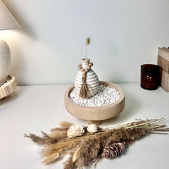 Set of 3 Home Decorative Round Wood Tray, Small Boho Style Vase, White Rocks