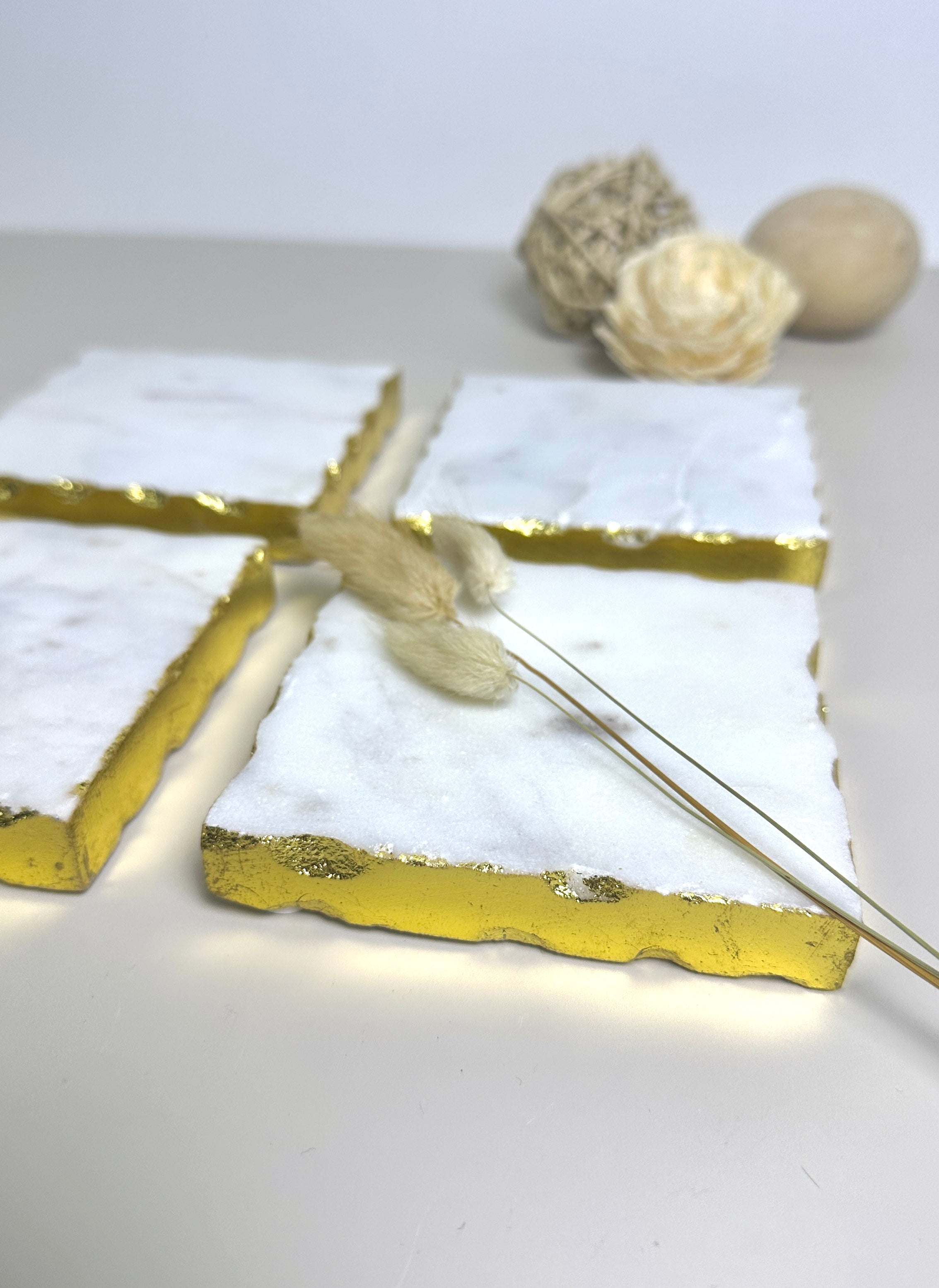Elegant White Marble and Gold Coasters - Set of 4