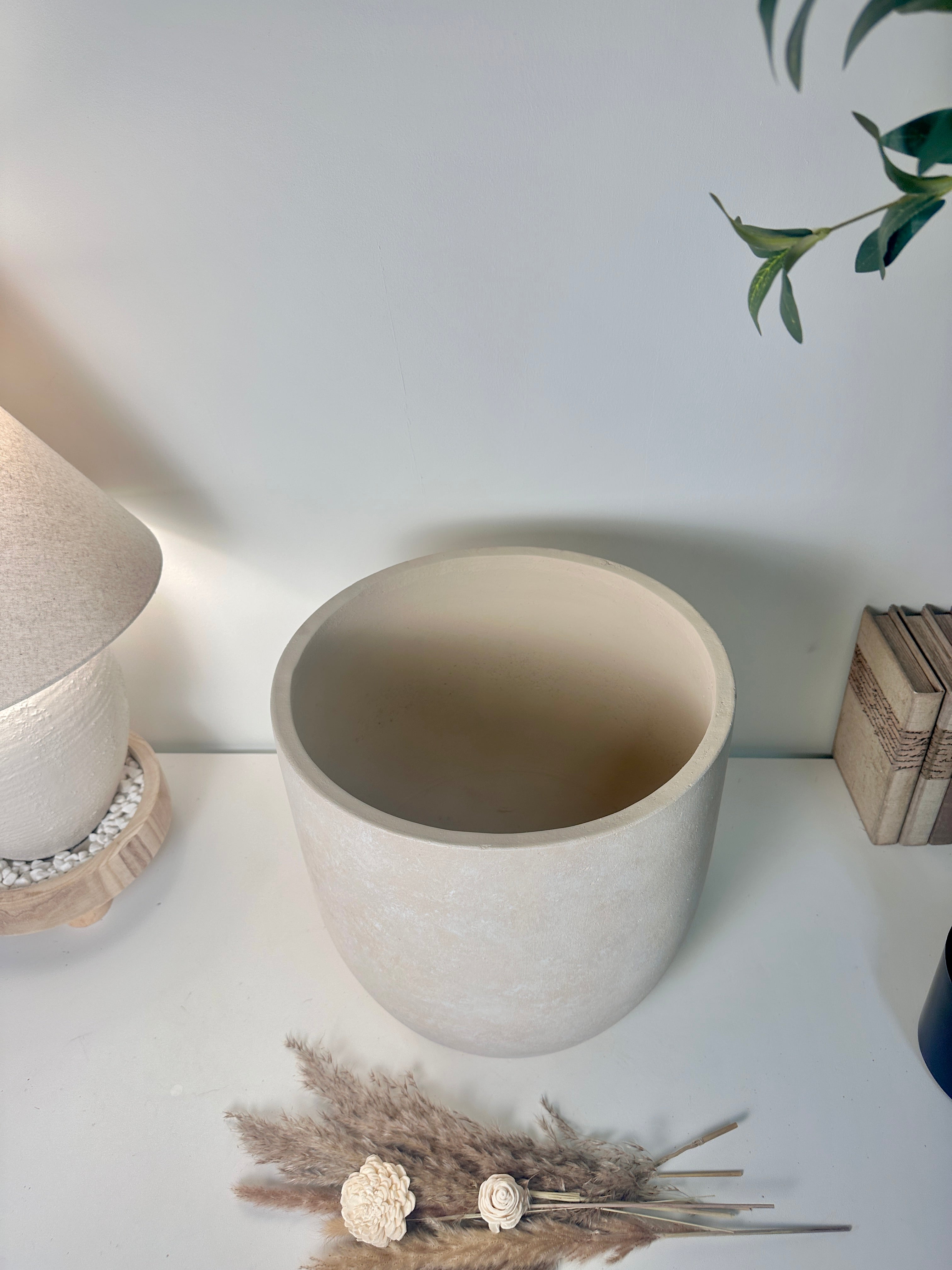 13.5" Minimalist Hand-Painted Planter Pot with Drainage Hole - Cream Ash