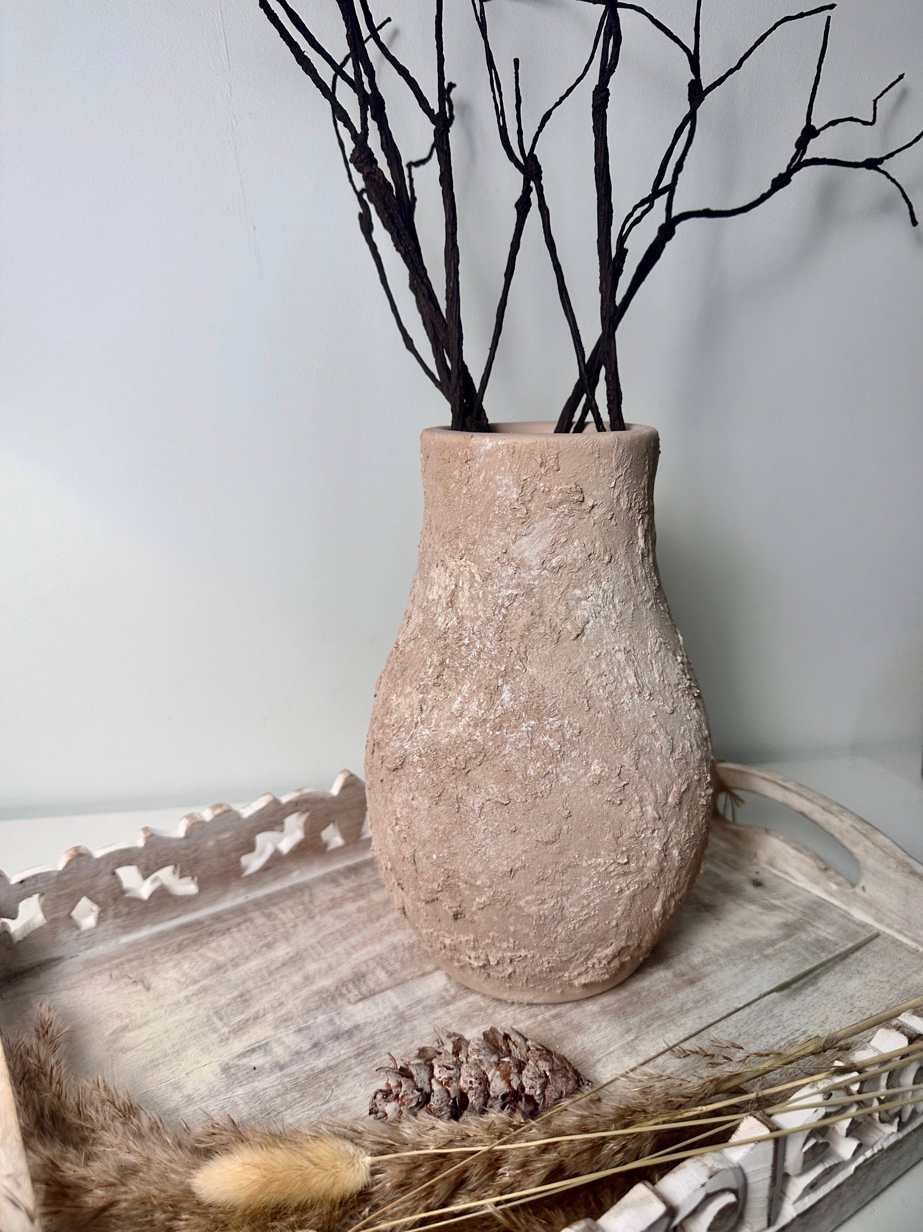 Rustic Ceramic Vase Textured Hand-Painted 10" tall - Light Beige Wash