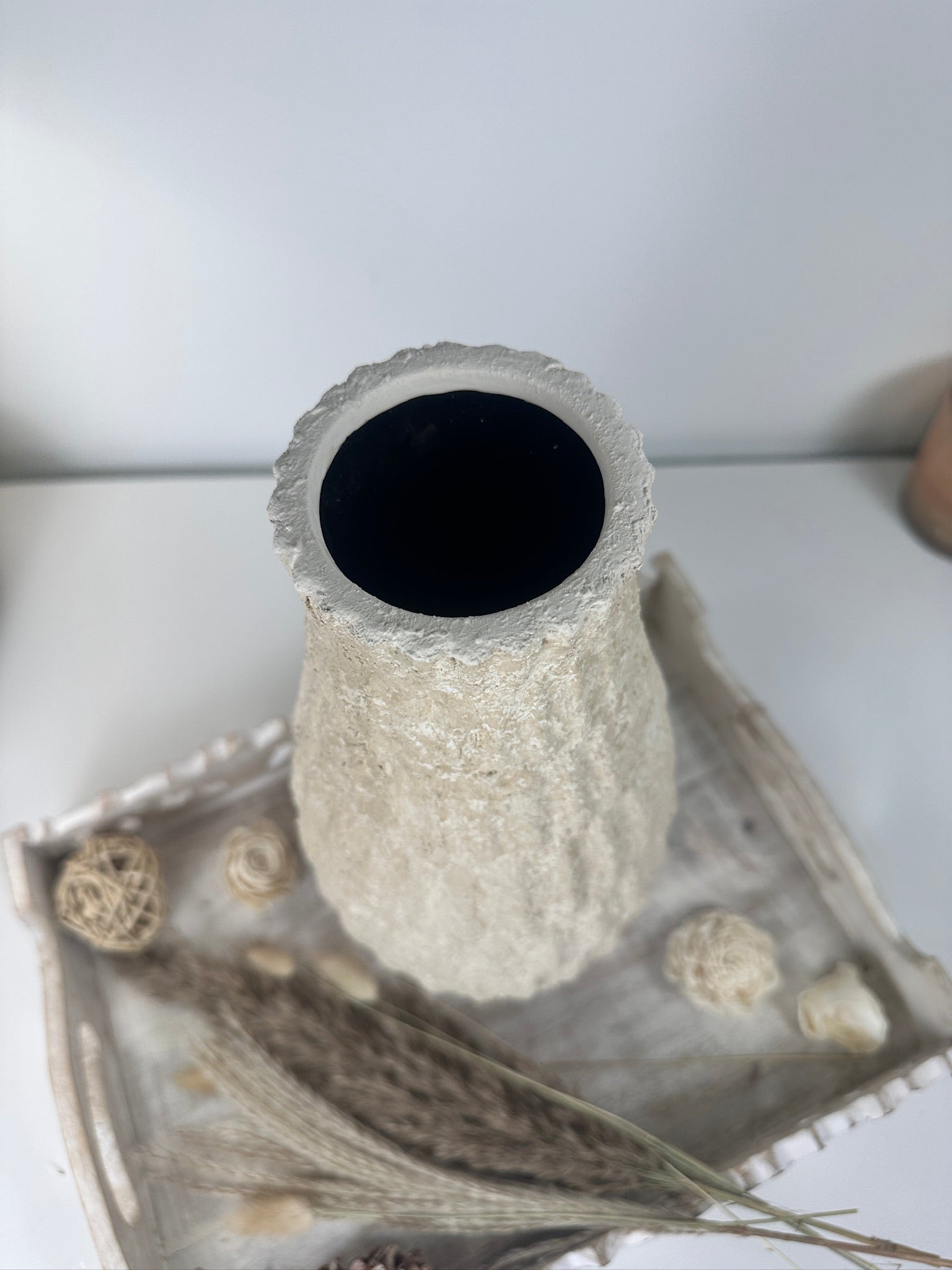 Minimalist Hand-Painted/Textured Ceramic Vase 14" - Cream Sand washed