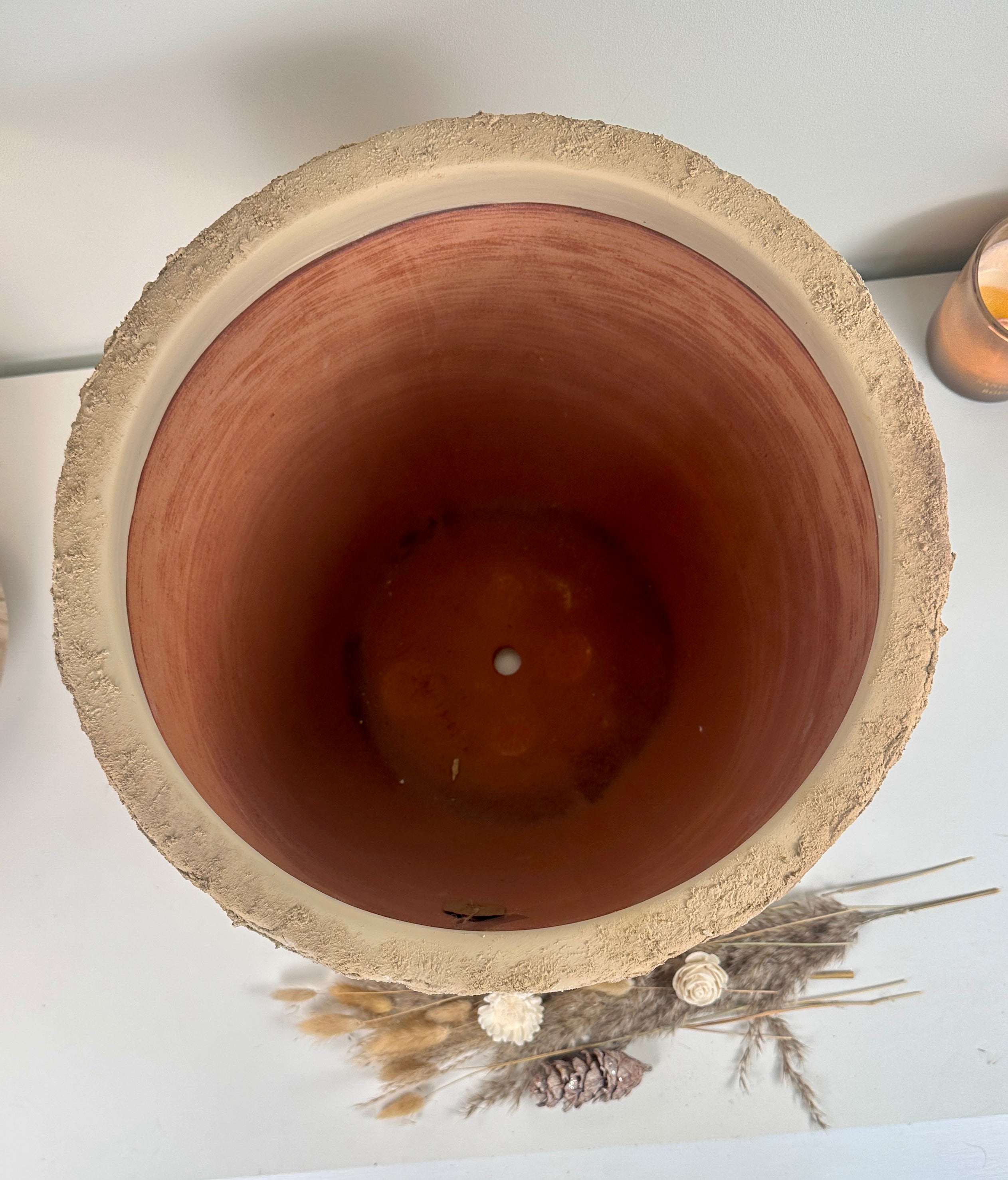 Rustic Hand-Painted & Textured Planter Pot 14" tall with drainage hole one time creation - Espresso Brown