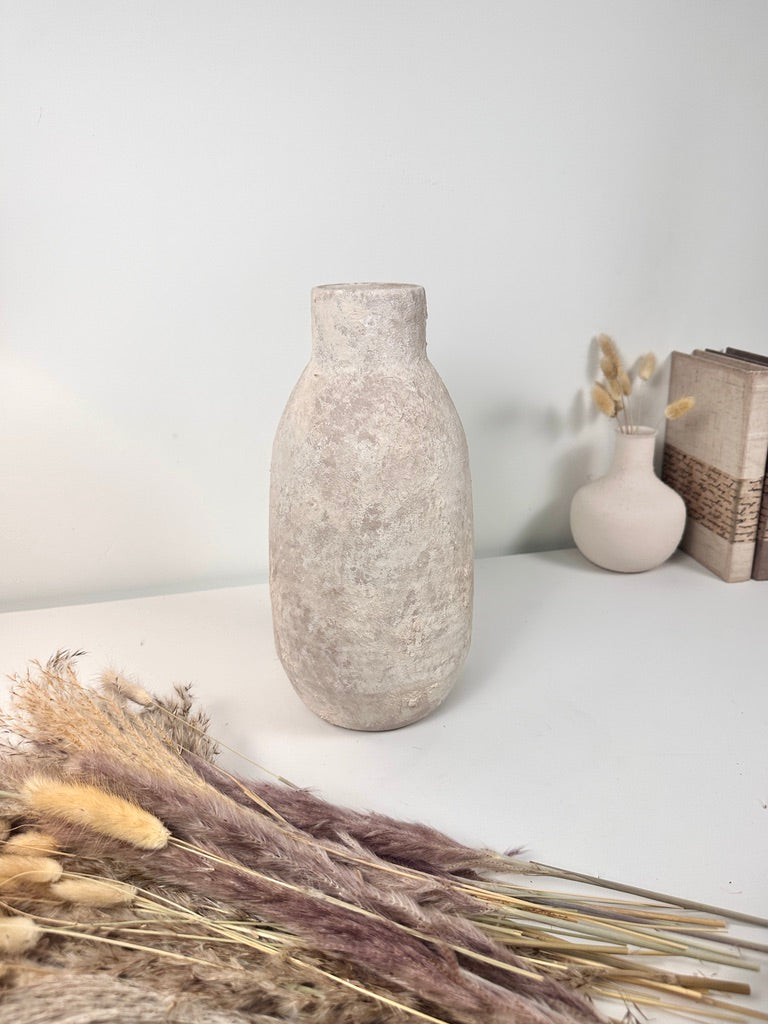 Rustic Hand-Painted/Textured Ceramic Vase 12” tall - beige washed