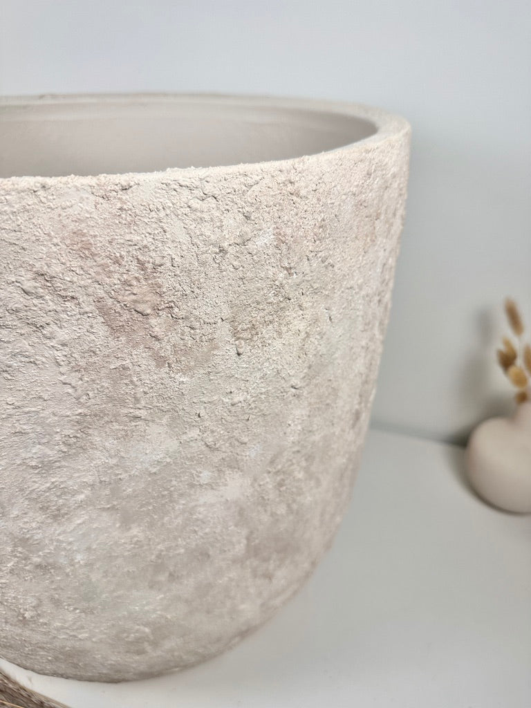 17" tall Minimalist Hand-Painted & Textured Planter Pot with Drainage Hole one time creation - cream sand wash