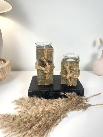 Set of 2 Rustic Farmhouse Handcrafted Candle Holders 4“ and 6” tall