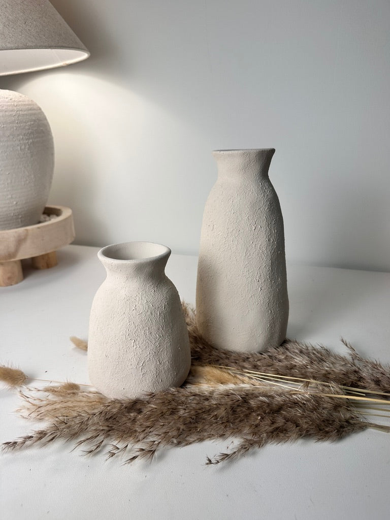 Set of 2 Vases minimalist hand-painted textured - cream