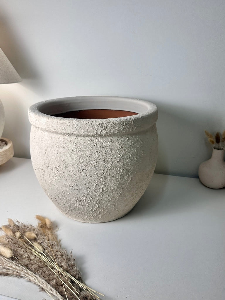 Minimalist Hand-Painted & Textured Planter Pot 12" tall with drainage hole one time creation - Cream