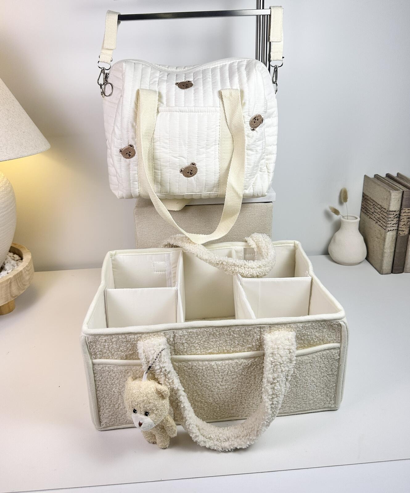Set of 2 Stroller Bag and Caddy Diaper Bag for Baby Essentials - Cream