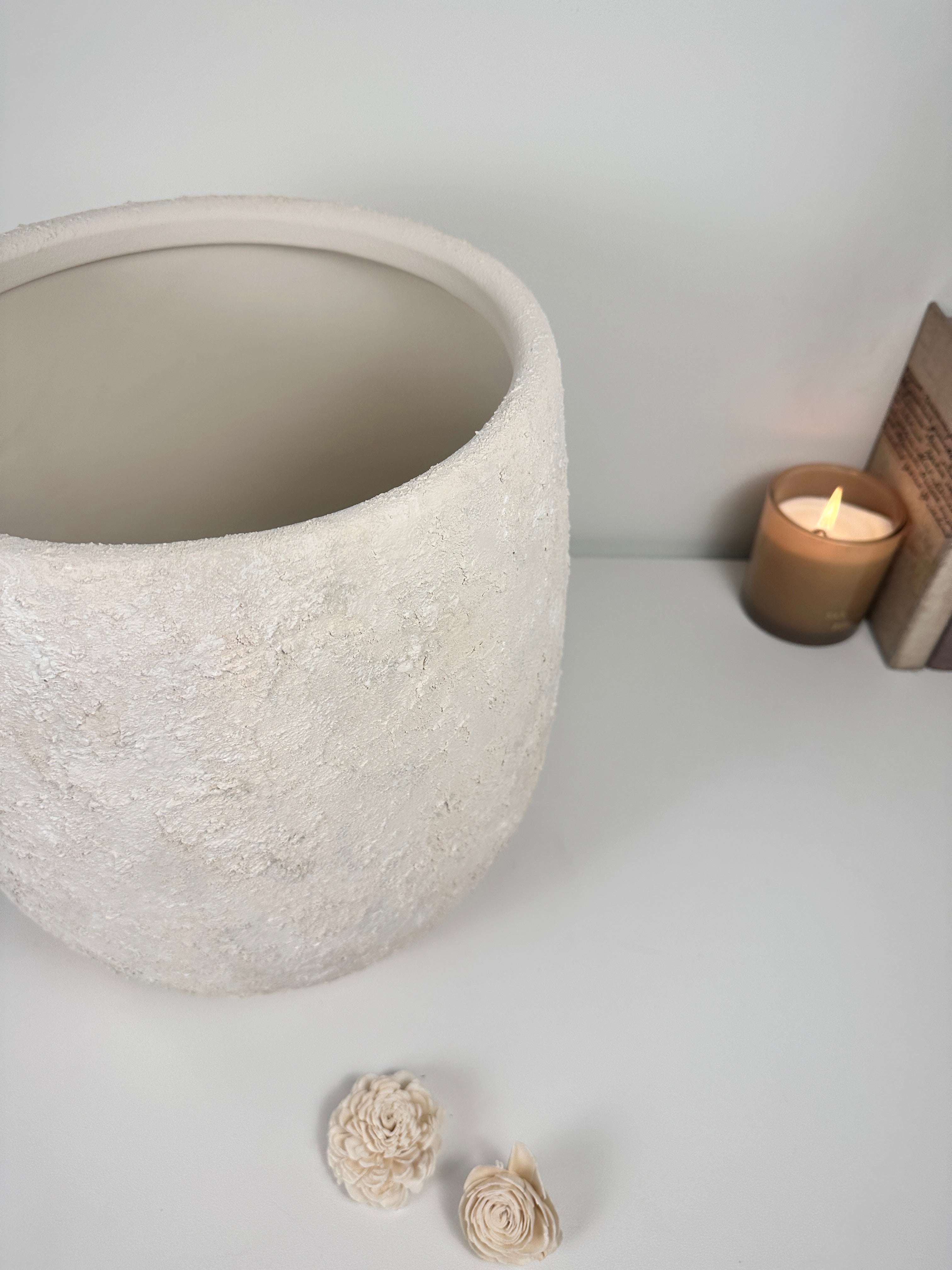 Minimalist Textured Hand-painted Ceramic Planter 12.5"" tall - off white washed