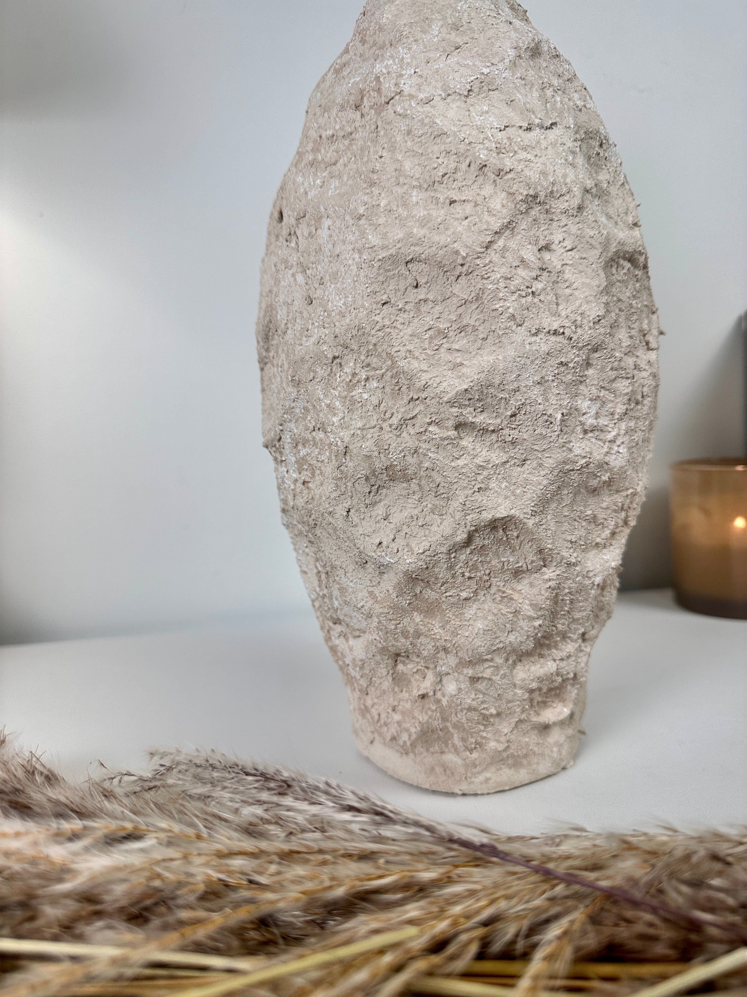 Minimalist Geometric Hand-Painted/Textured Ceramic Vase 14.5" - Cream washed