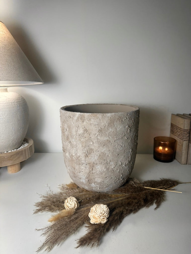 11" tall Minimalist Hand-Painted & Textured Planter Pot with drainage hole - Mesa Beige