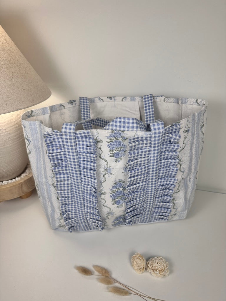 French Provençale Style Tote Bag 15" tall Eco-Friendly botanical floral print - Blue and White