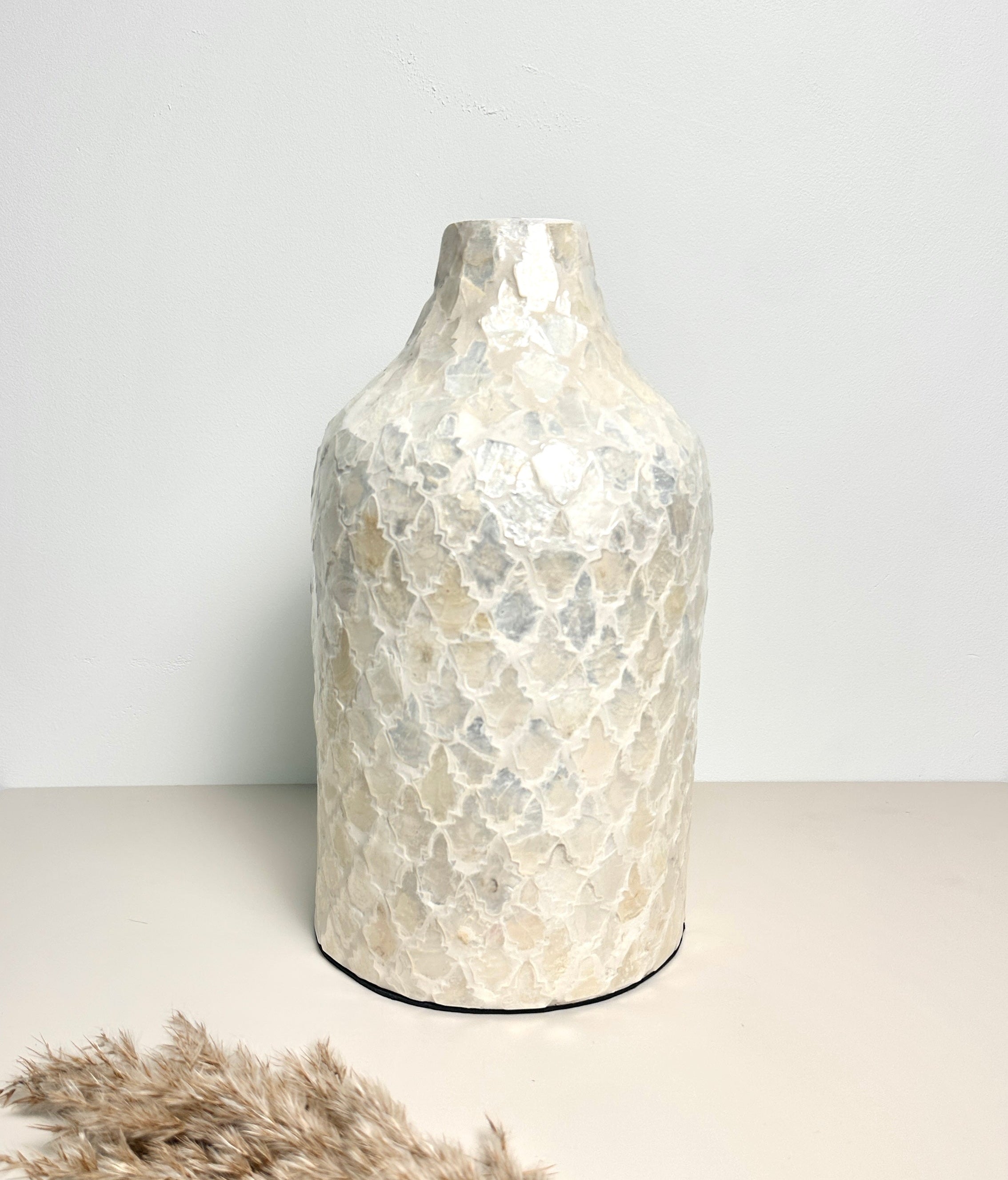 Modern Mosaic Pearl White Decorative Vase, Textured Glass Design, 12.5"