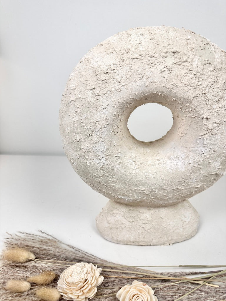 Abstract Minimalist Sculpture Made of Organic Stone, White Donut-Shaped Textured 13" - Cream