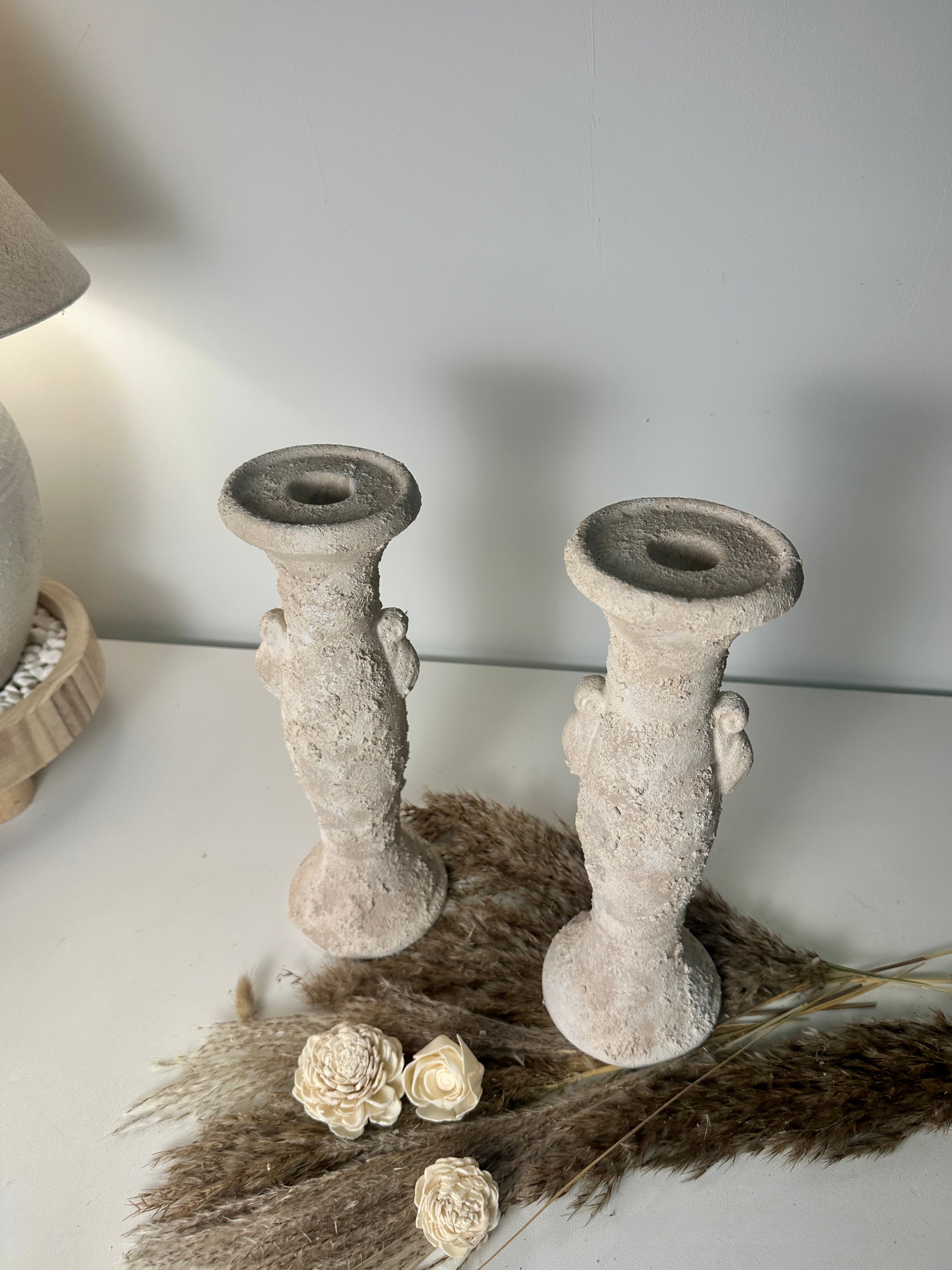 Set of 2 candlestick tray holders hand-painted and textured minimalist roman style 12" tall - Cream Sand wash