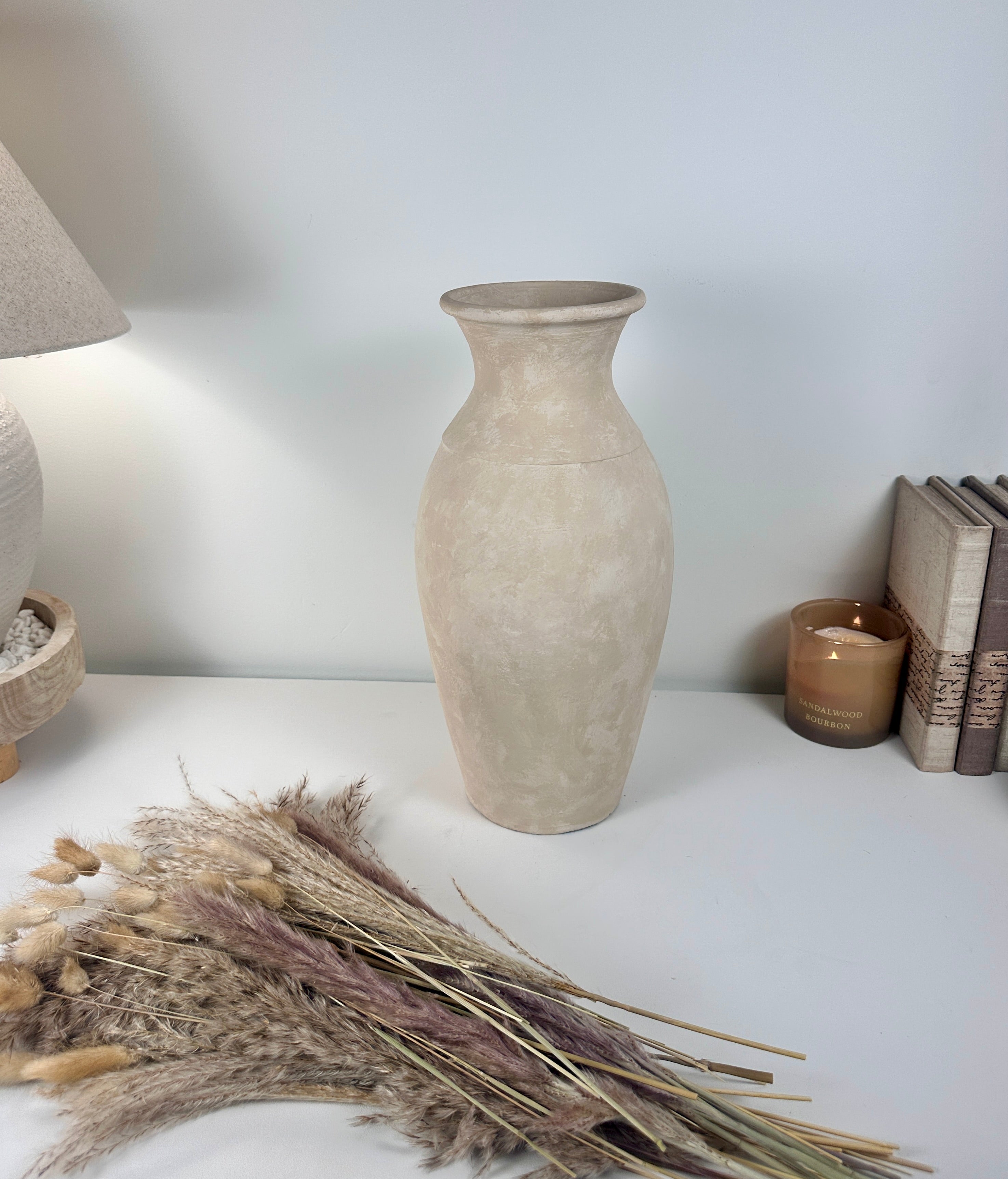 Roman Style Ceramic Vase Hand-painted  16" tall - Light Beige/Sand washed