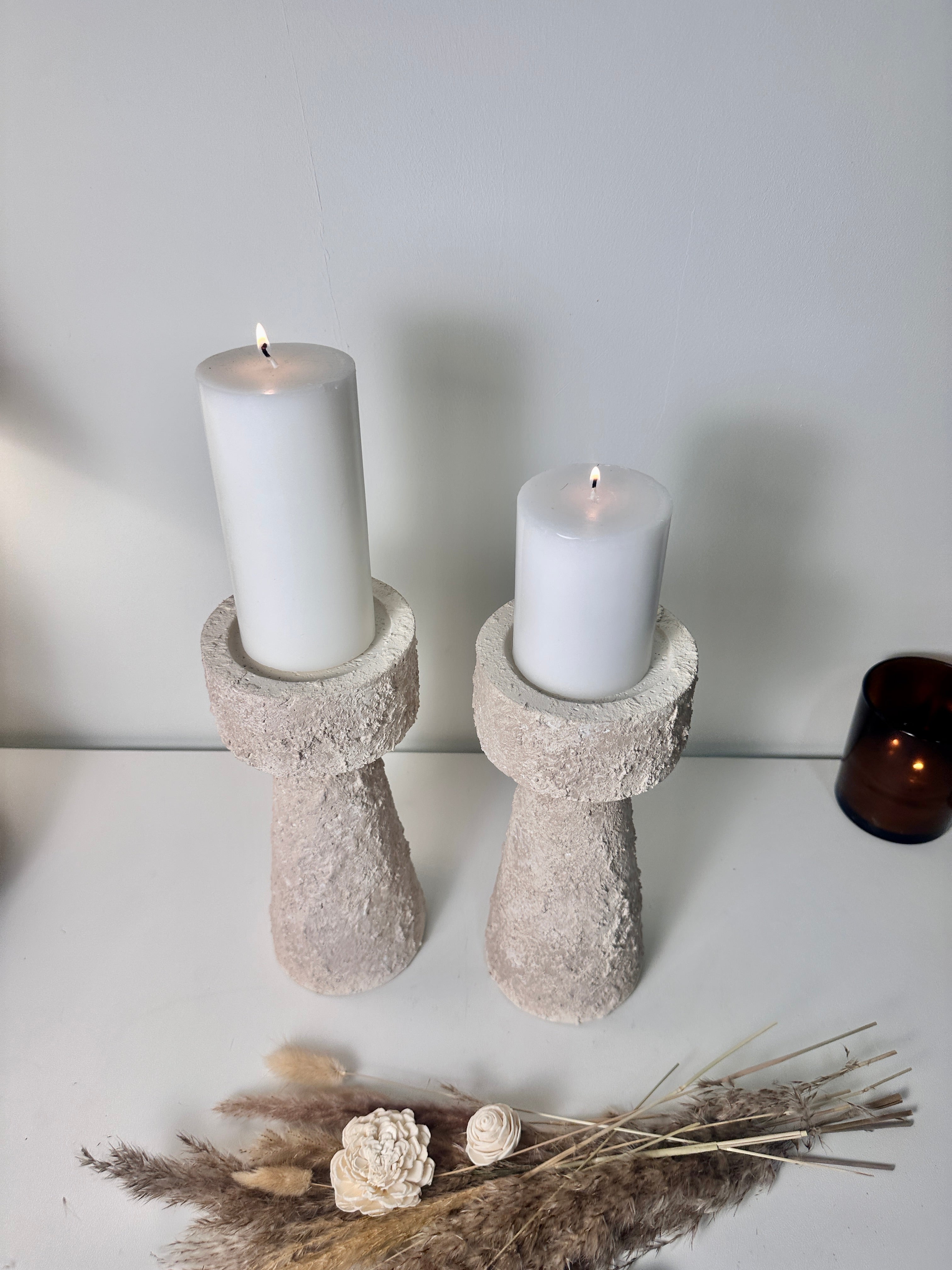 Set of 2 candle holder tray and stick minimalist style 11" tall - Cream wash